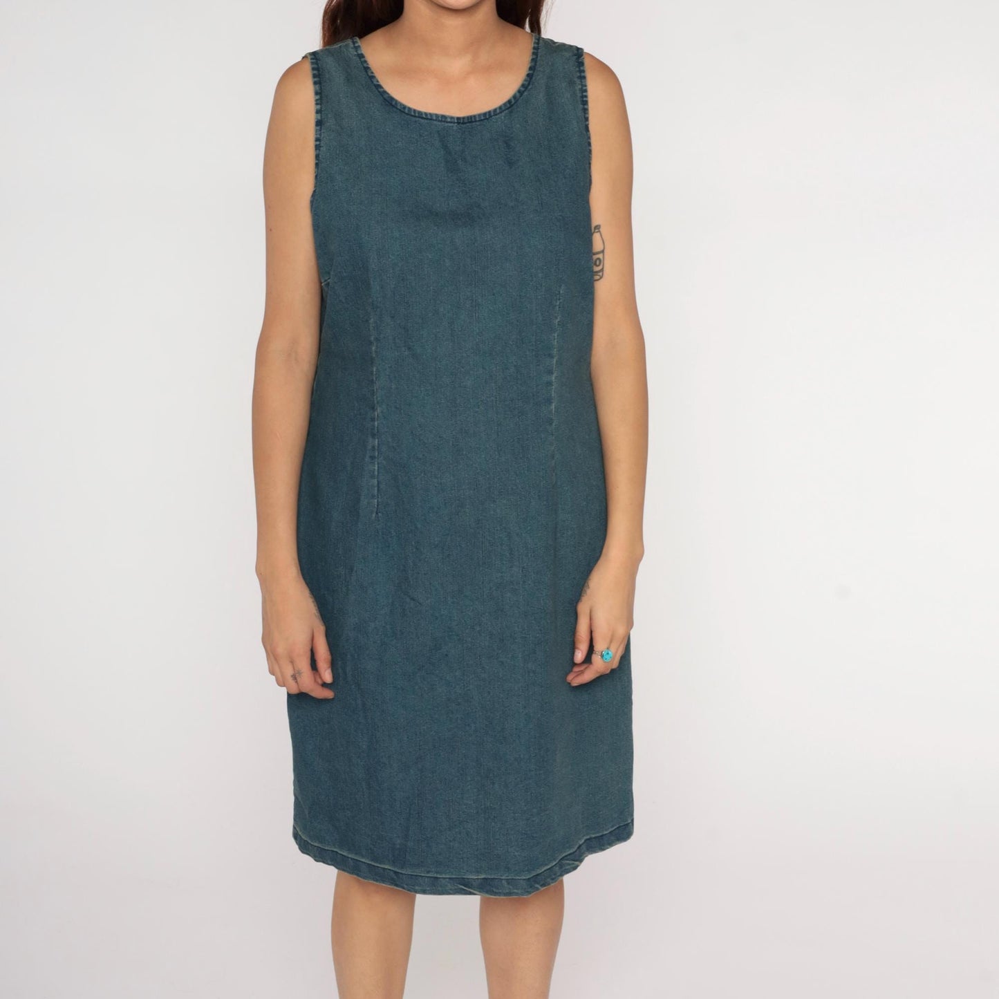 Y2K Chadwicks Denim Shift Dress Blue Scoop Neck Knee Length Large
