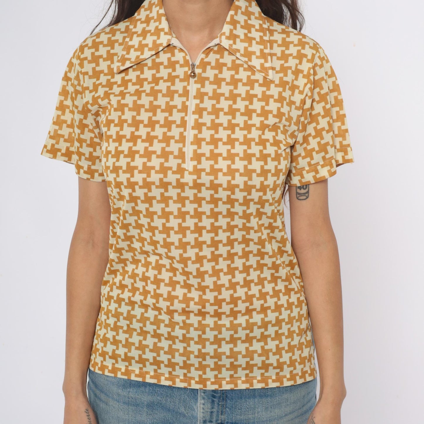 70s Houndstooth Polo Zip Front Collared Shirt Yellow Cream Geometric Extra Small