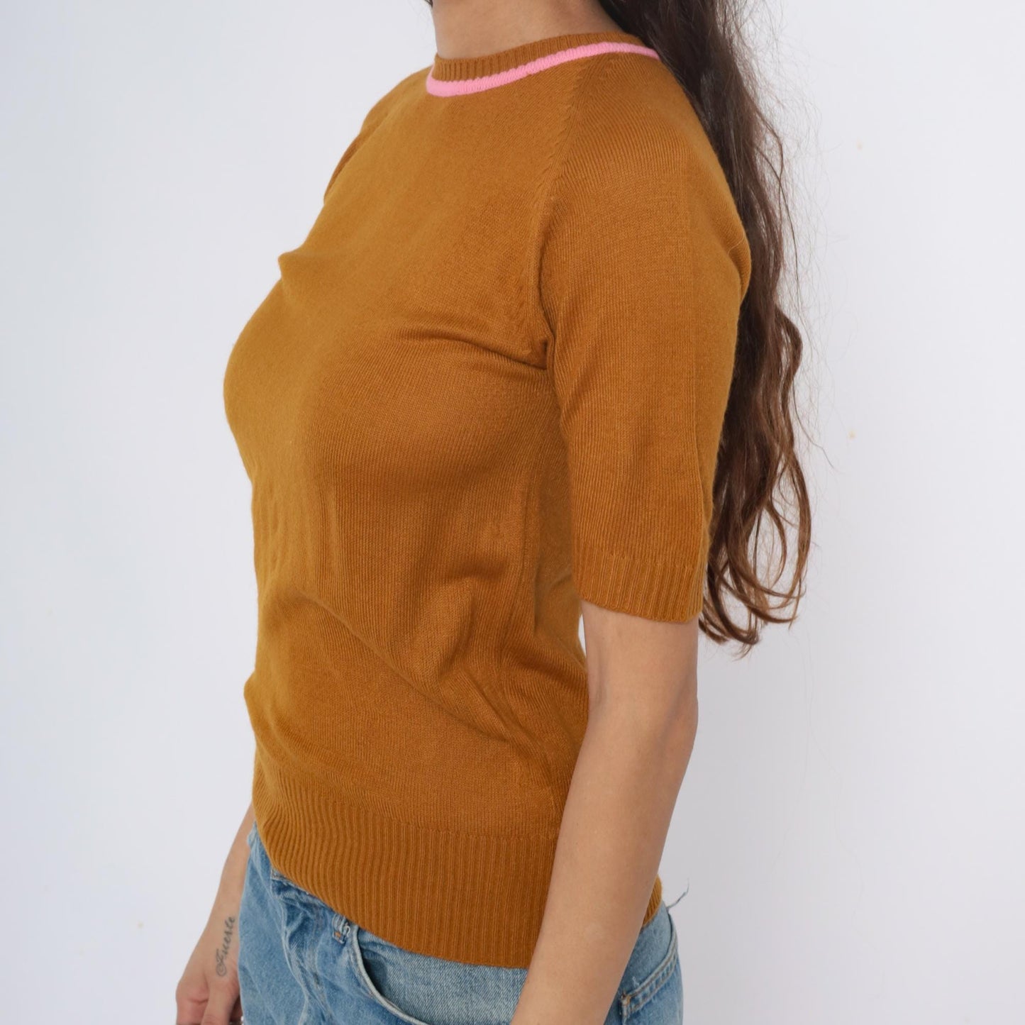 70s Filly Fashion Mustard Knit Sweater Pink Trim Cropped Back Zip Small S