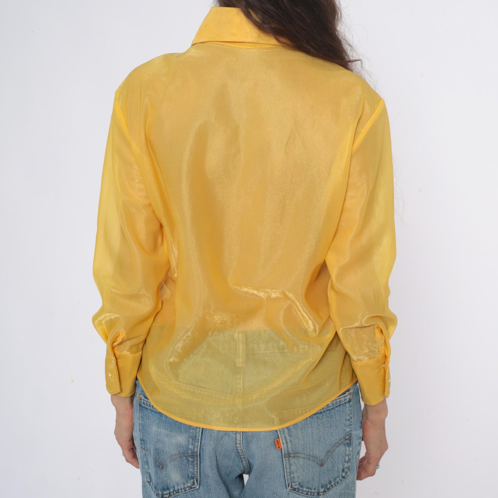 80s Lady Marlboro Yellow Nylon Blouse Button Front Pointed Collar Medium