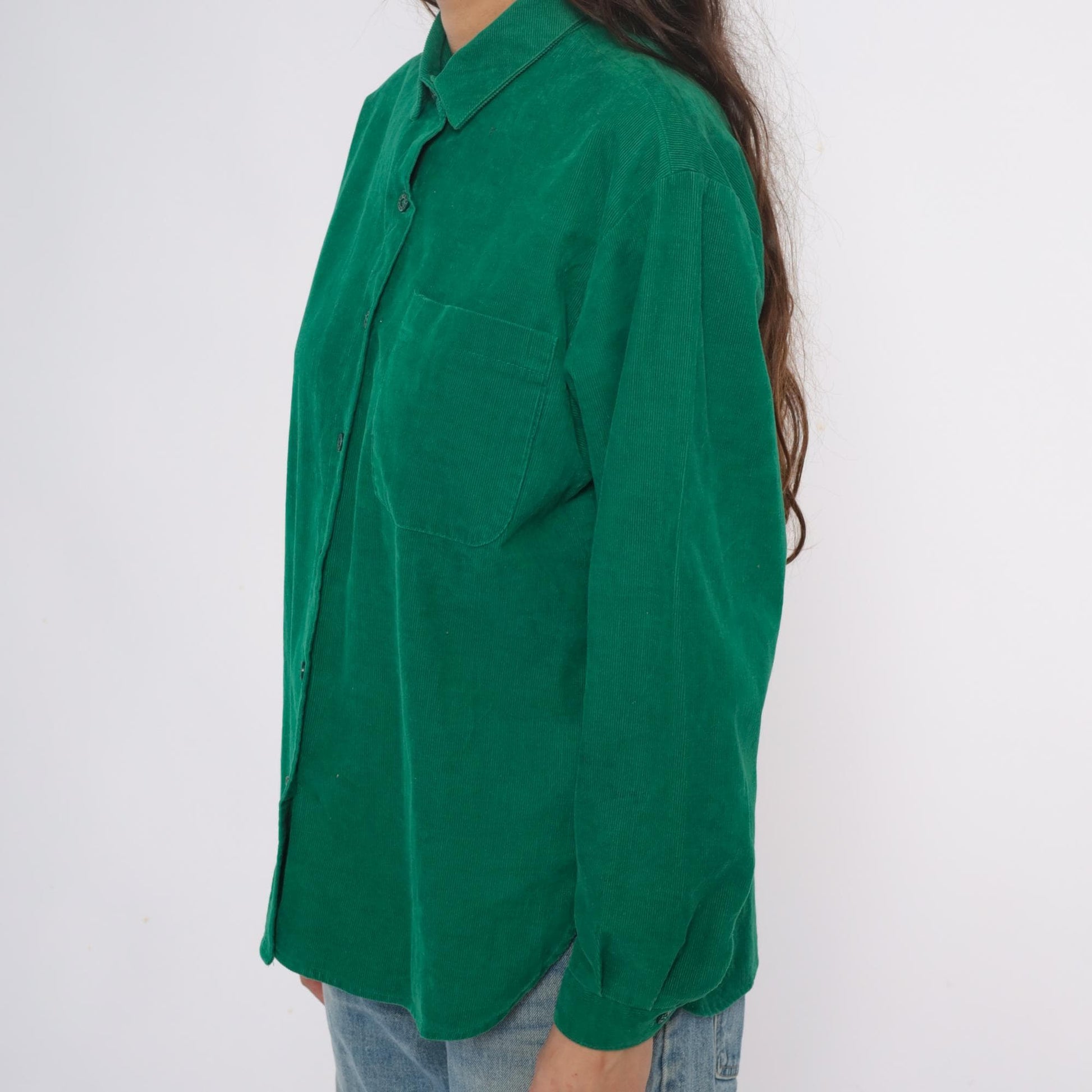 80s Hang Ten Emerald Green Corduroy Shirt Button-Up Long Sleeve Large L