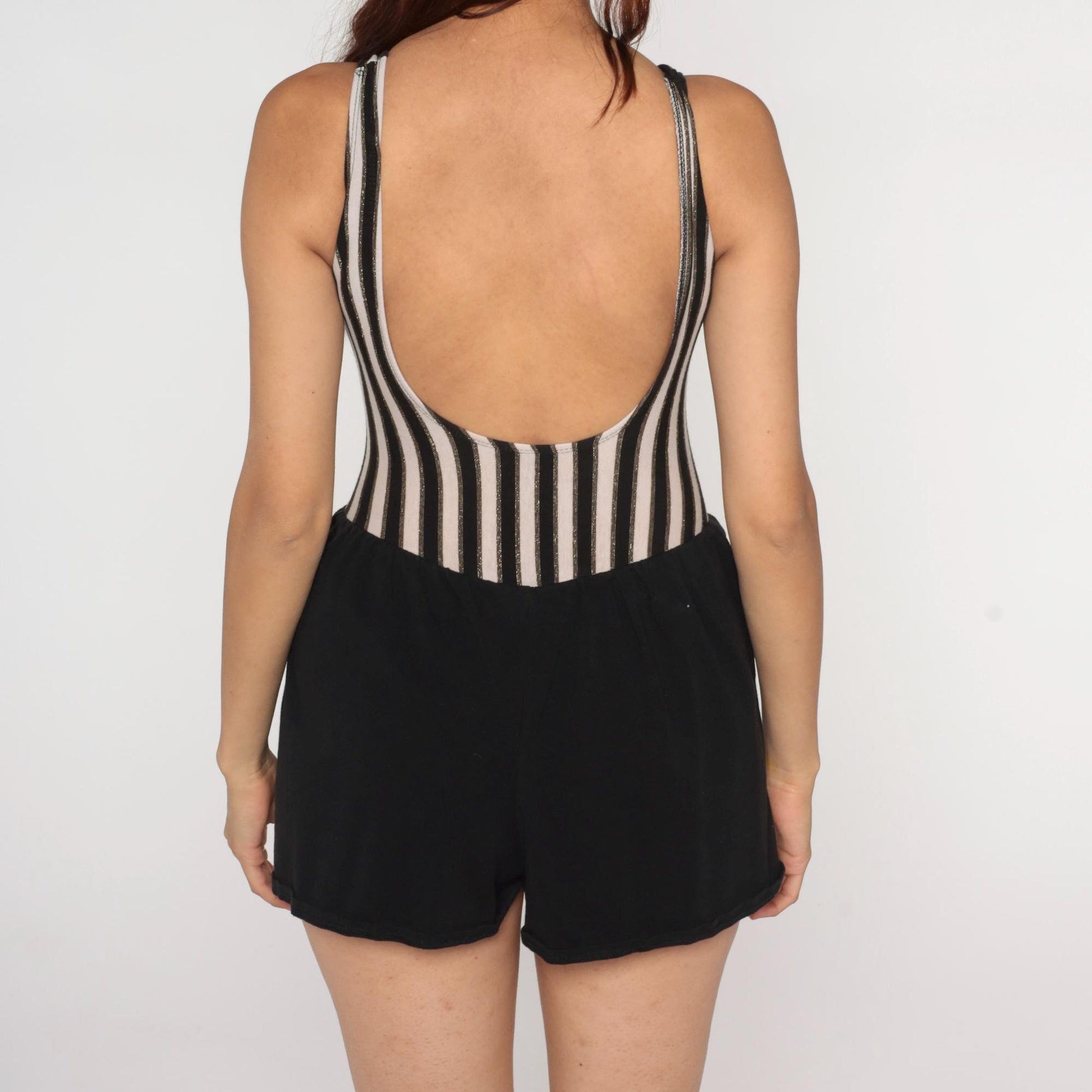 90s Tahiti Black White Striped Nautical One-Piece Swimsuit Anchor Medium