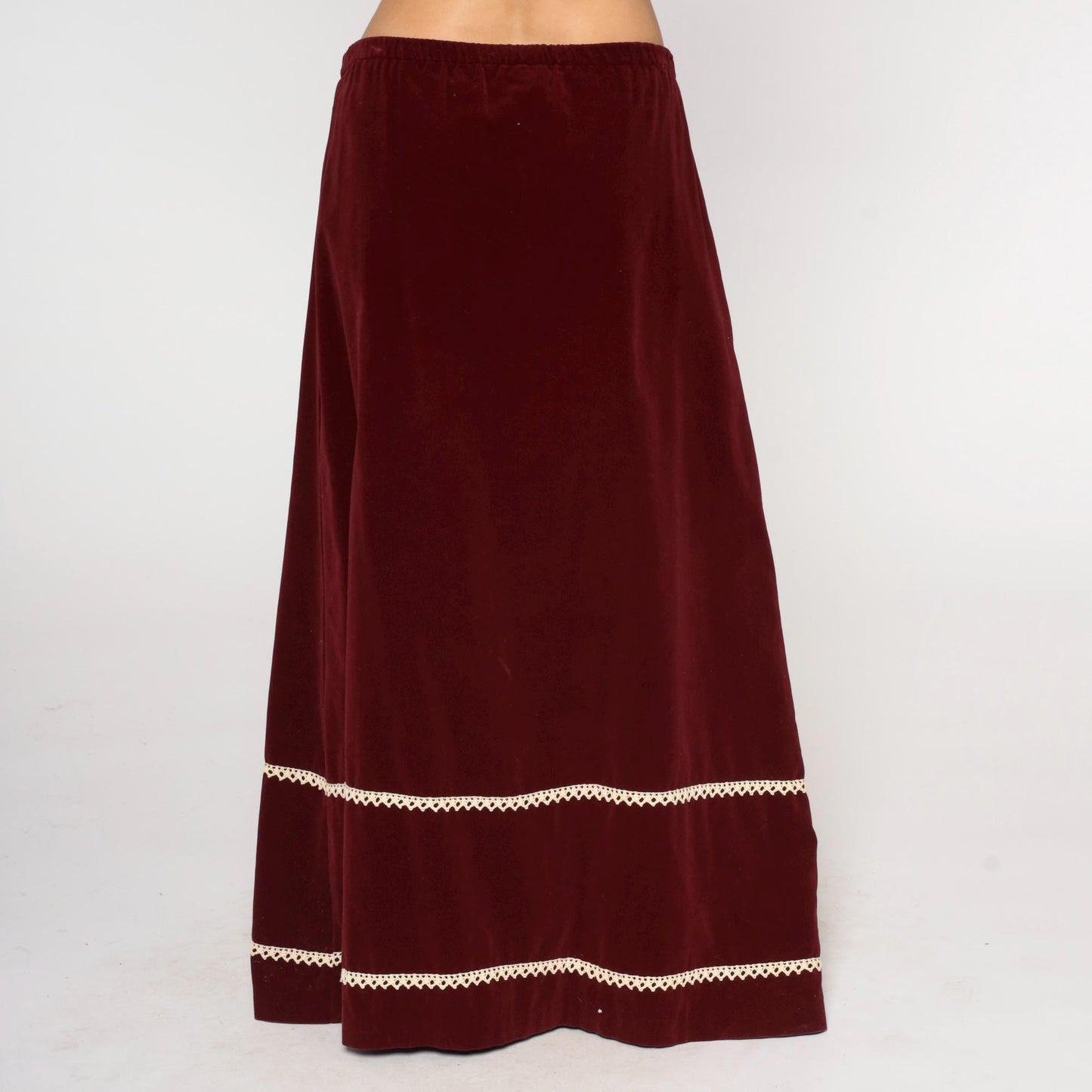 70s Belles of Ireland Burgundy Velvet Maxi Skirt Crochet Lace Trim Medium
