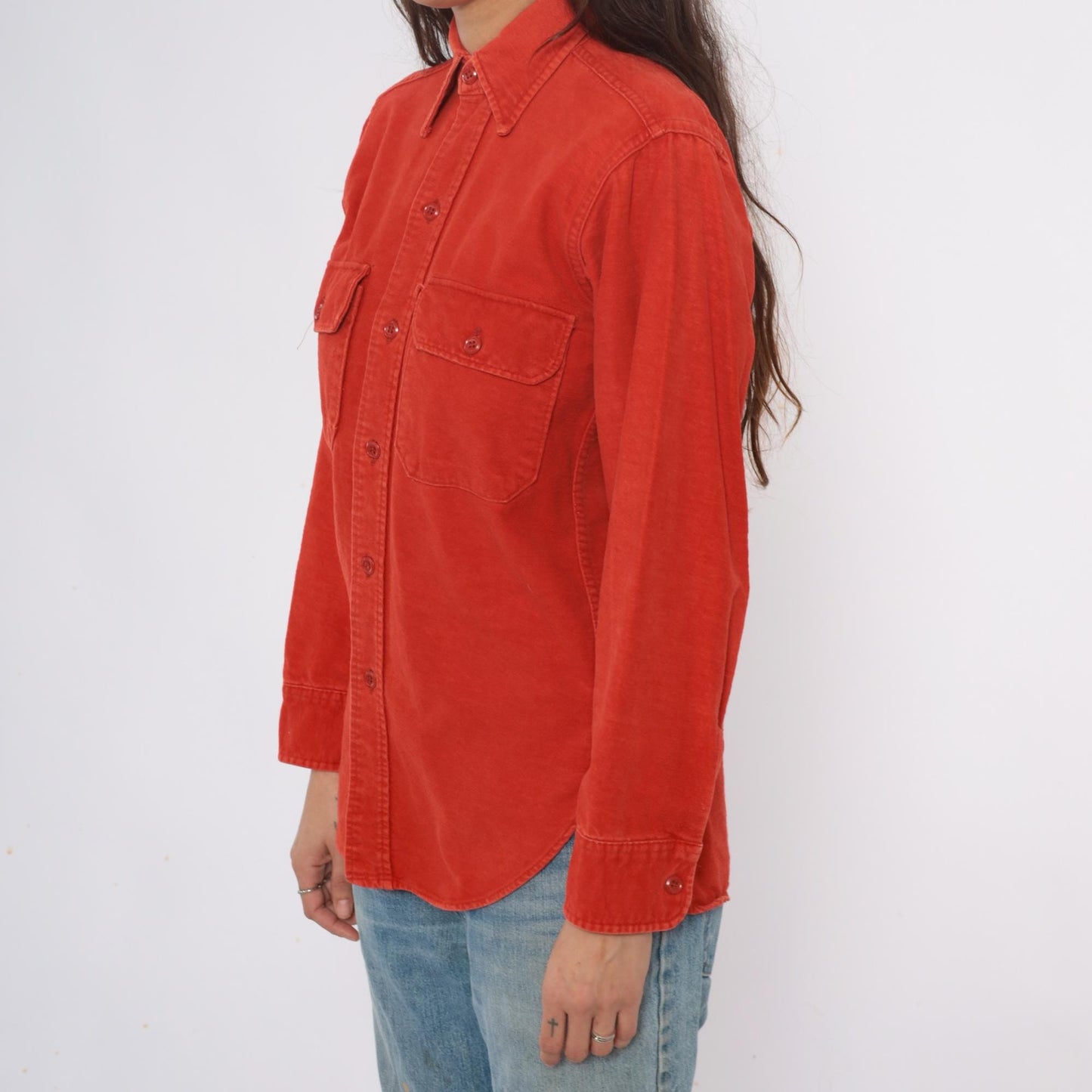 80s Woolrich Orange Button-Up Shirt Long Sleeve Collared Chest Pockets Medium