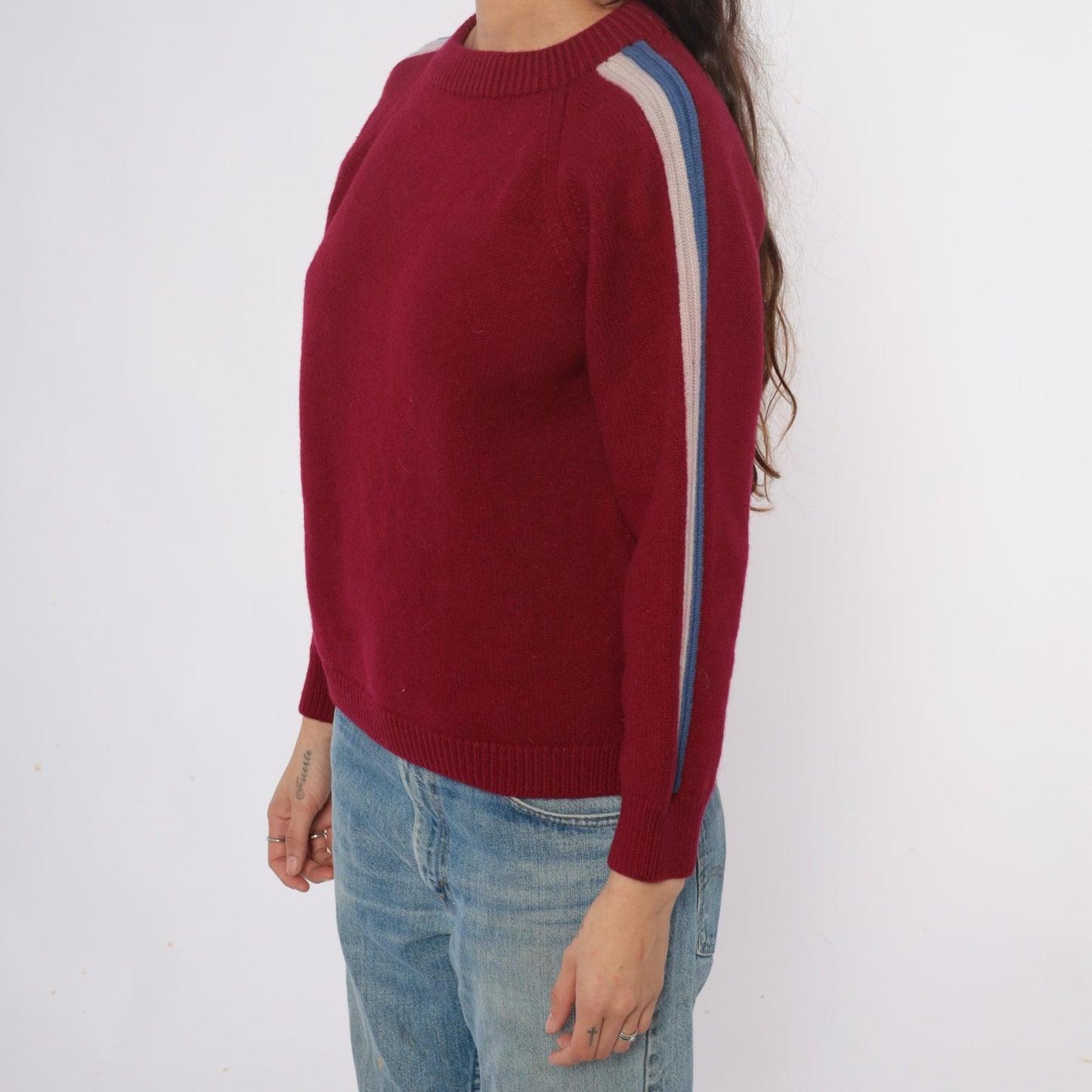 80s Cortina Burgundy Wool Sweater Stripe Raglan Crewneck Medium M