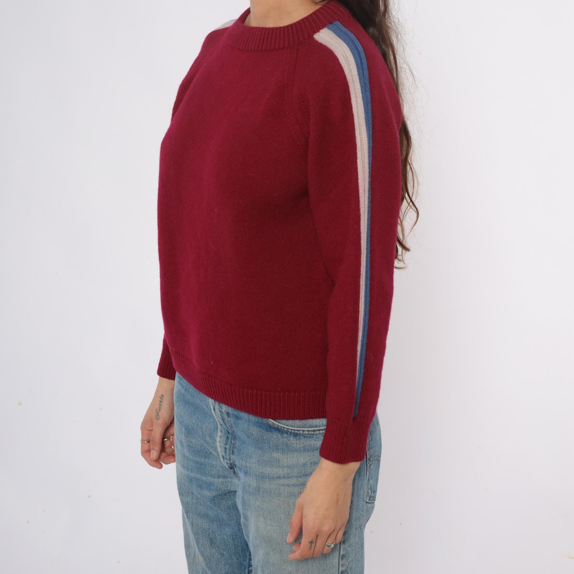 80s Cortina Burgundy Wool Sweater Stripe Raglan Crewneck Medium M