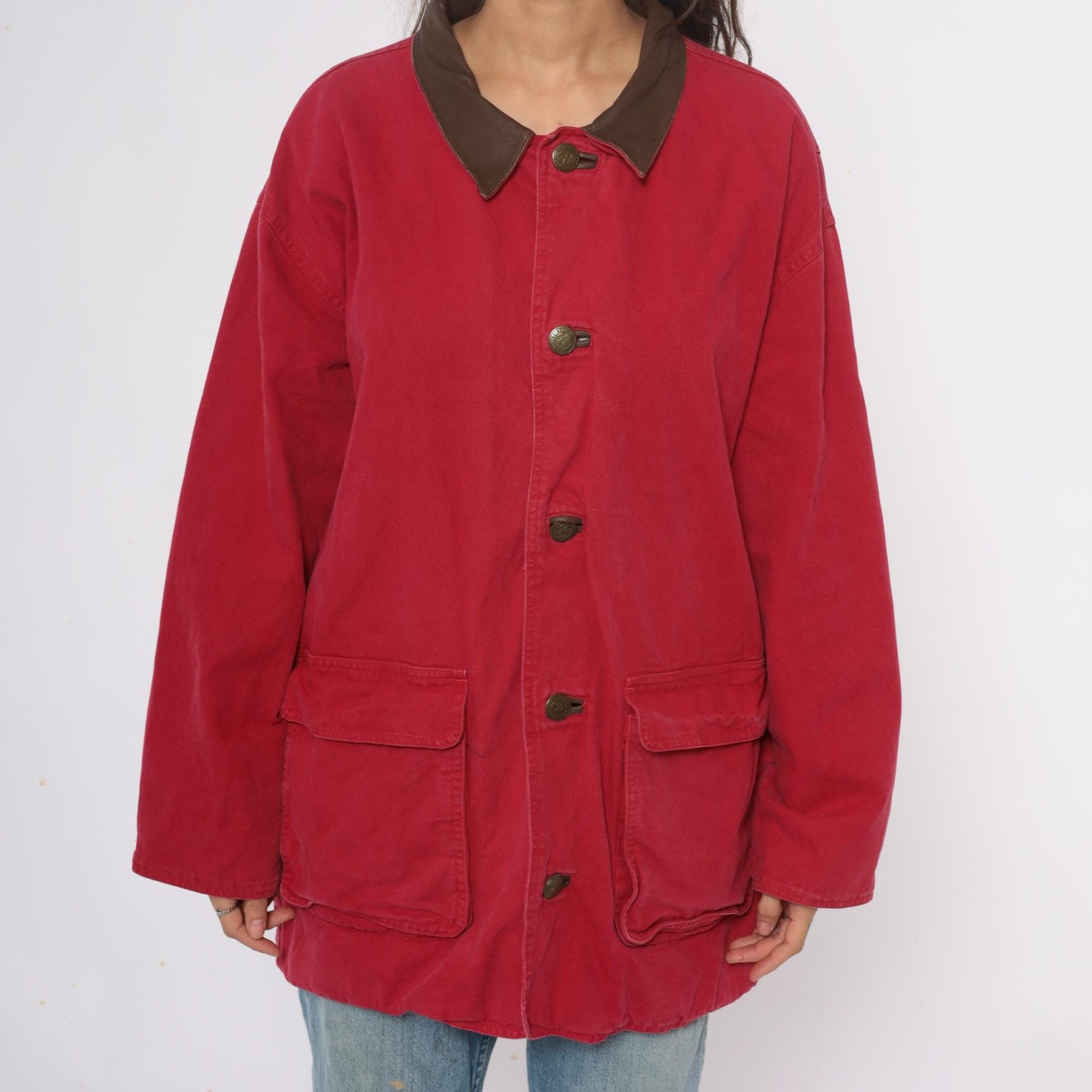 90s Marlboro Red Cotton Barn Jacket Leather Collar Workwear Extra Large XL