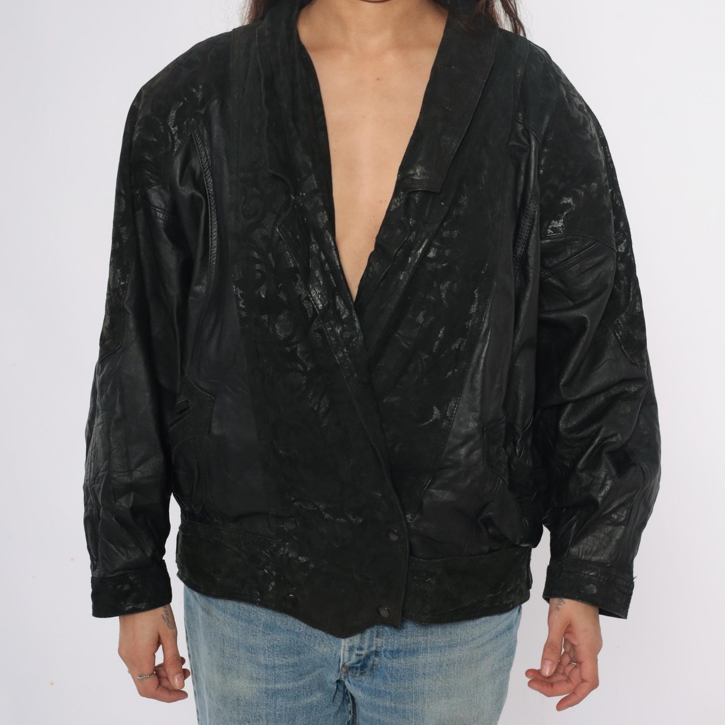 90s Black Leather Bomber Jacket Embossed Shawl Collar Medium M