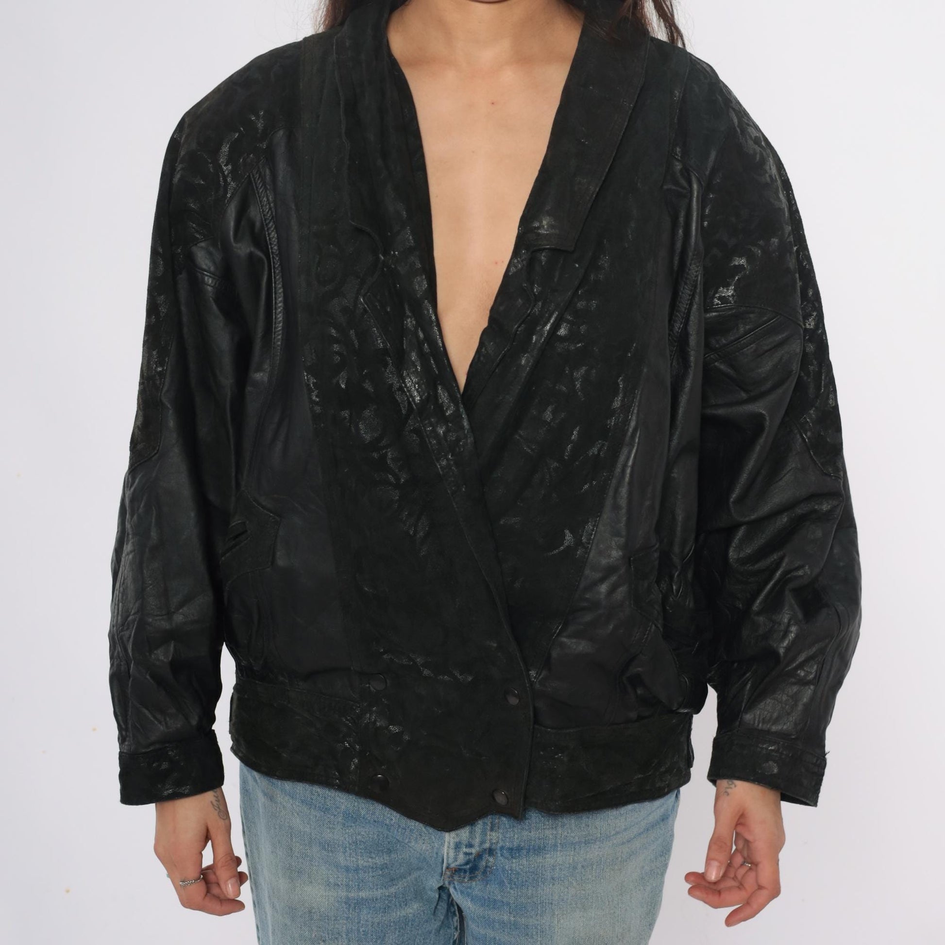 90s Black Leather Bomber Jacket Embossed Shawl Collar Medium M