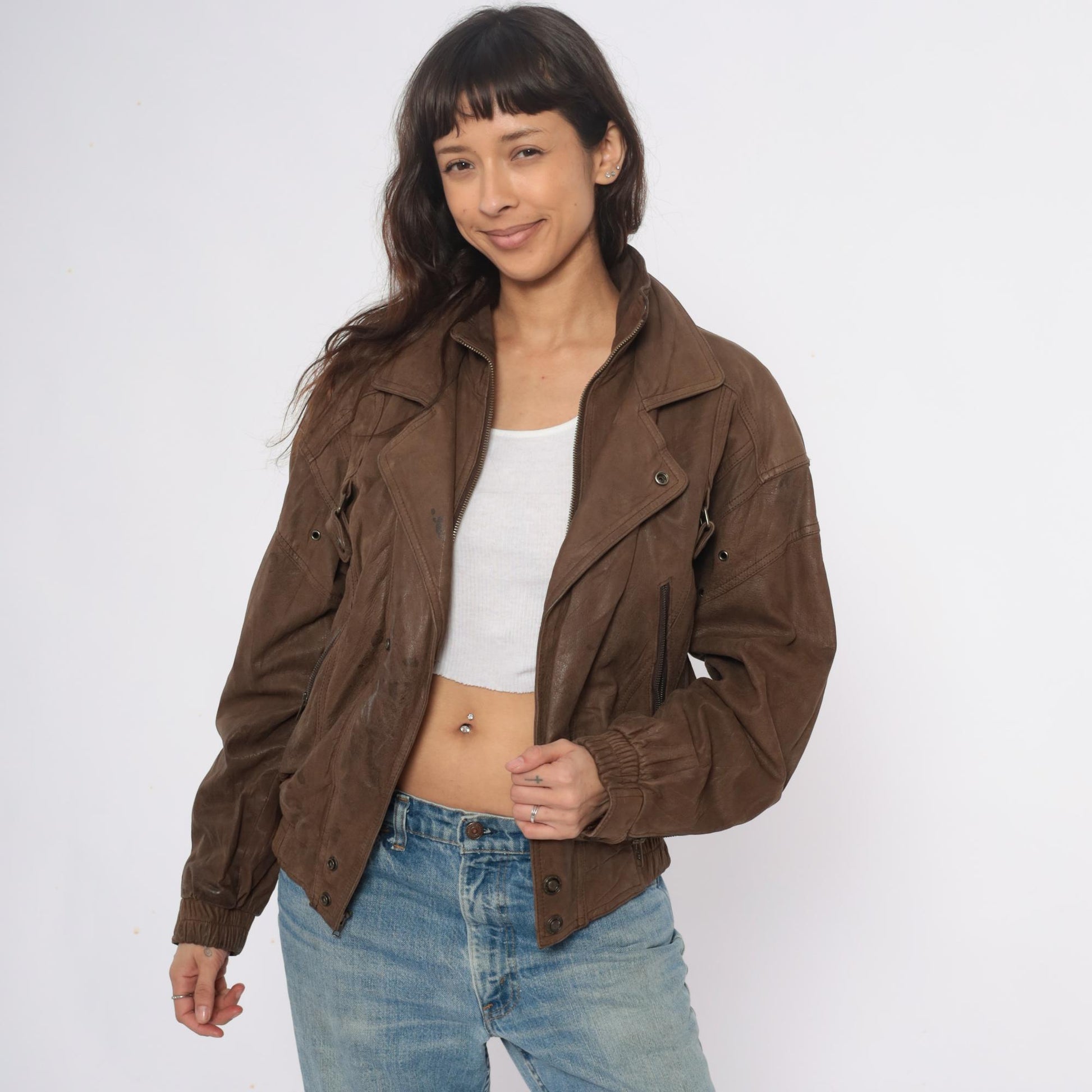 90s Wilsons Leather Brown Bomber Jacket Cropped Moto Zipper Small S
