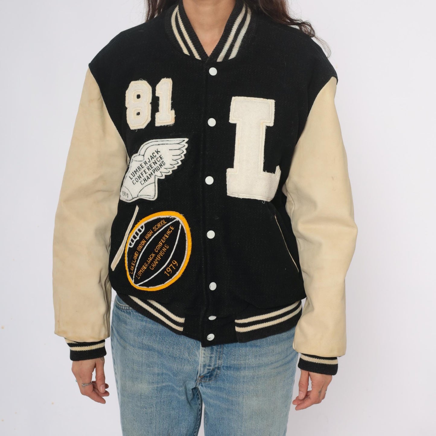 80s Golden Threads Varsity Jacket Wool Leather Black Cream Lumberjack Patches Large