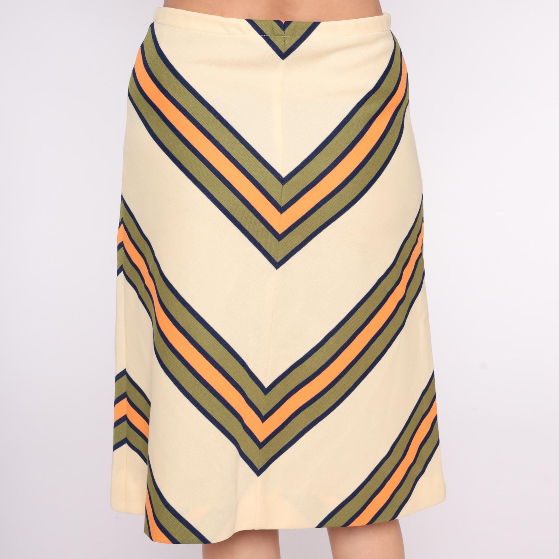 70s Chevron A-Line Skirt Cream Navy Orange Stripe Knee-Length Medium Large