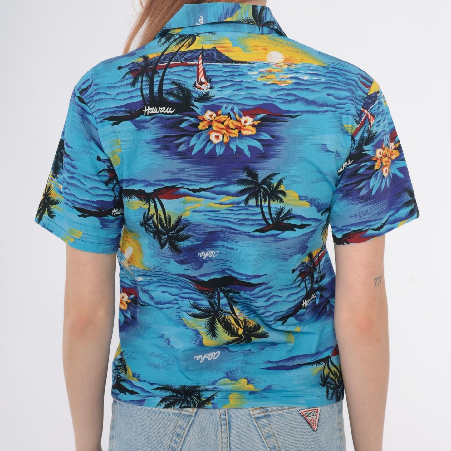 90s Royal Hawaiian Creations Tropical Shirt Turquoise Palm Tree Cotton Small S