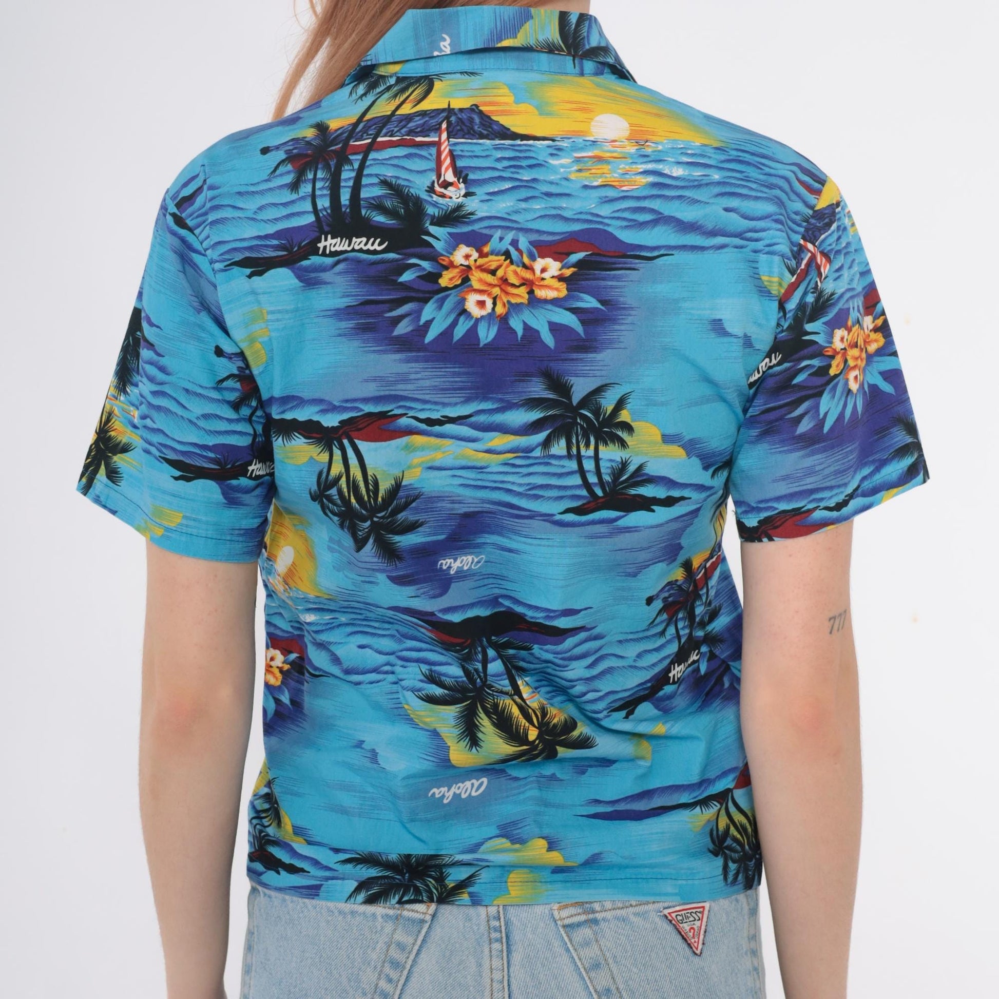 90s Royal Hawaiian Creations Tropical Shirt Turquoise Palm Tree Cotton Small S