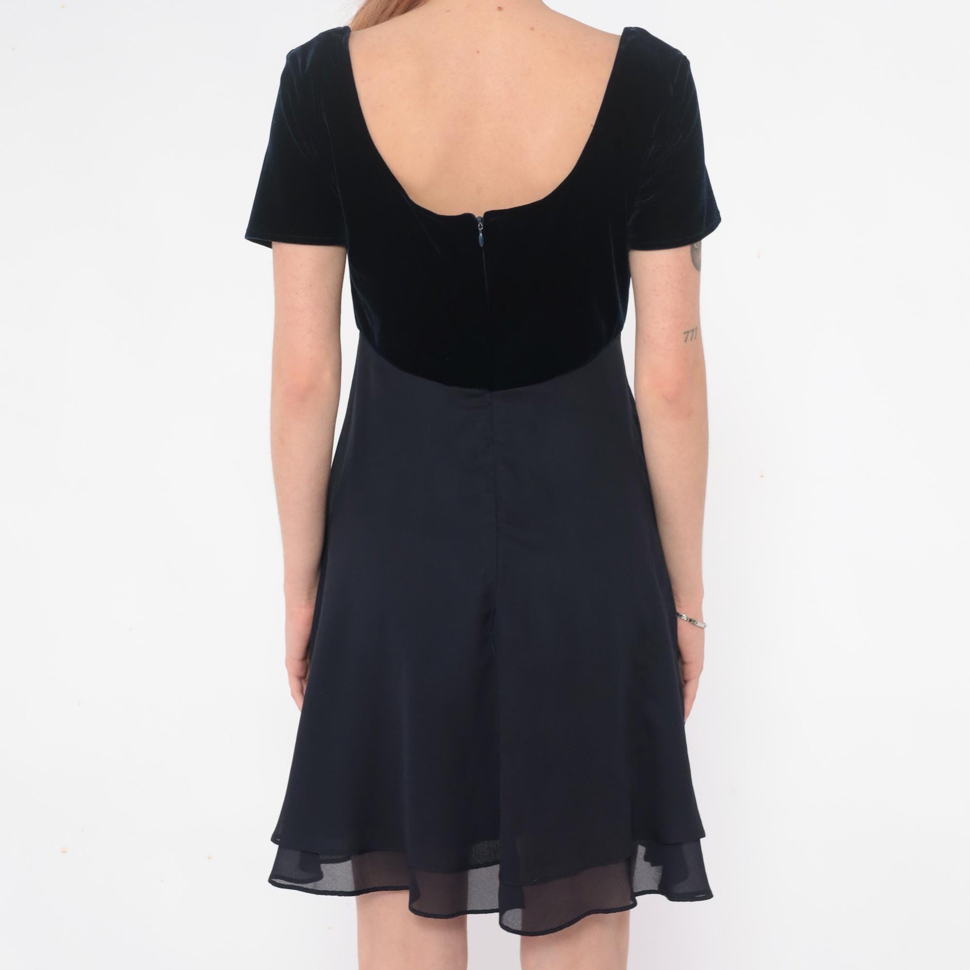 90s Dark Blue Velvet Mini Dress Empire Waist Short Sleeve Medium M