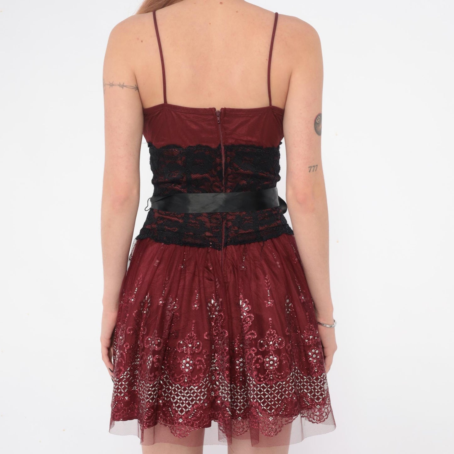 Y2K Burgundy Mini Dress Sequin Lace Spaghetti Strap Small