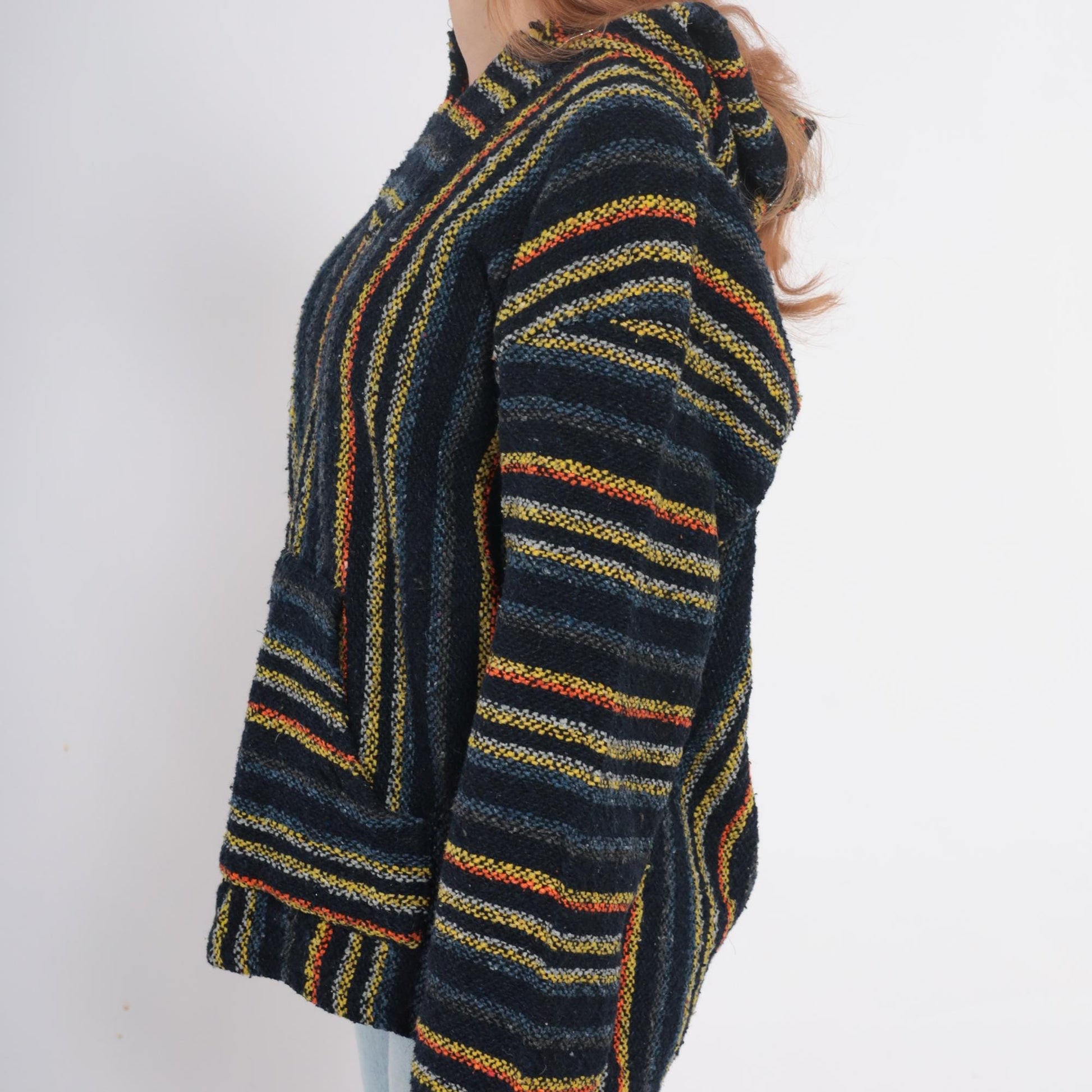 90s Iguana Jack Baja Hoodie Black Striped Woven Kangaroo Pocket Extra Large XL