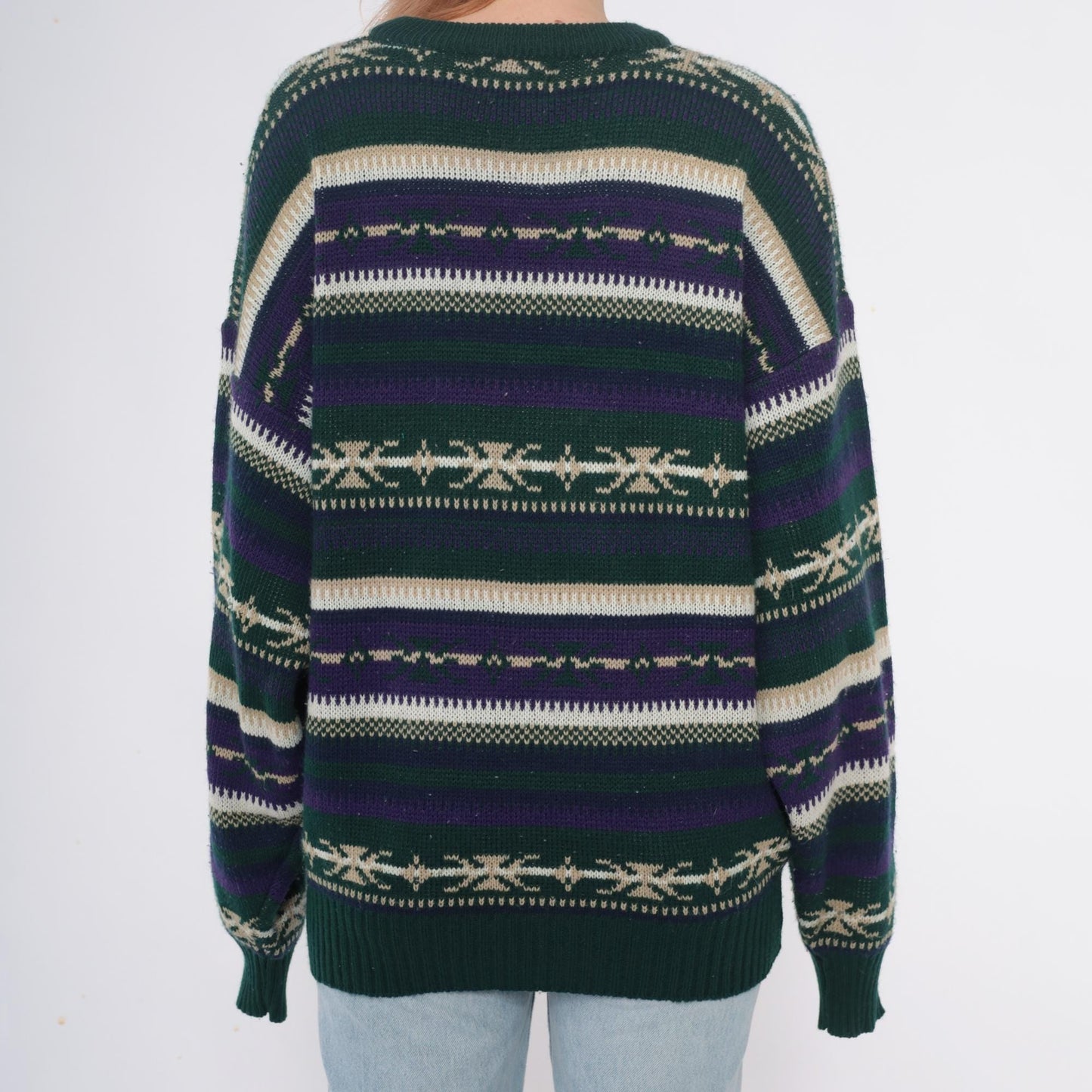 90s Fair Isle Sweater Green Purple Cream Geometric Pullover Extra Large XL