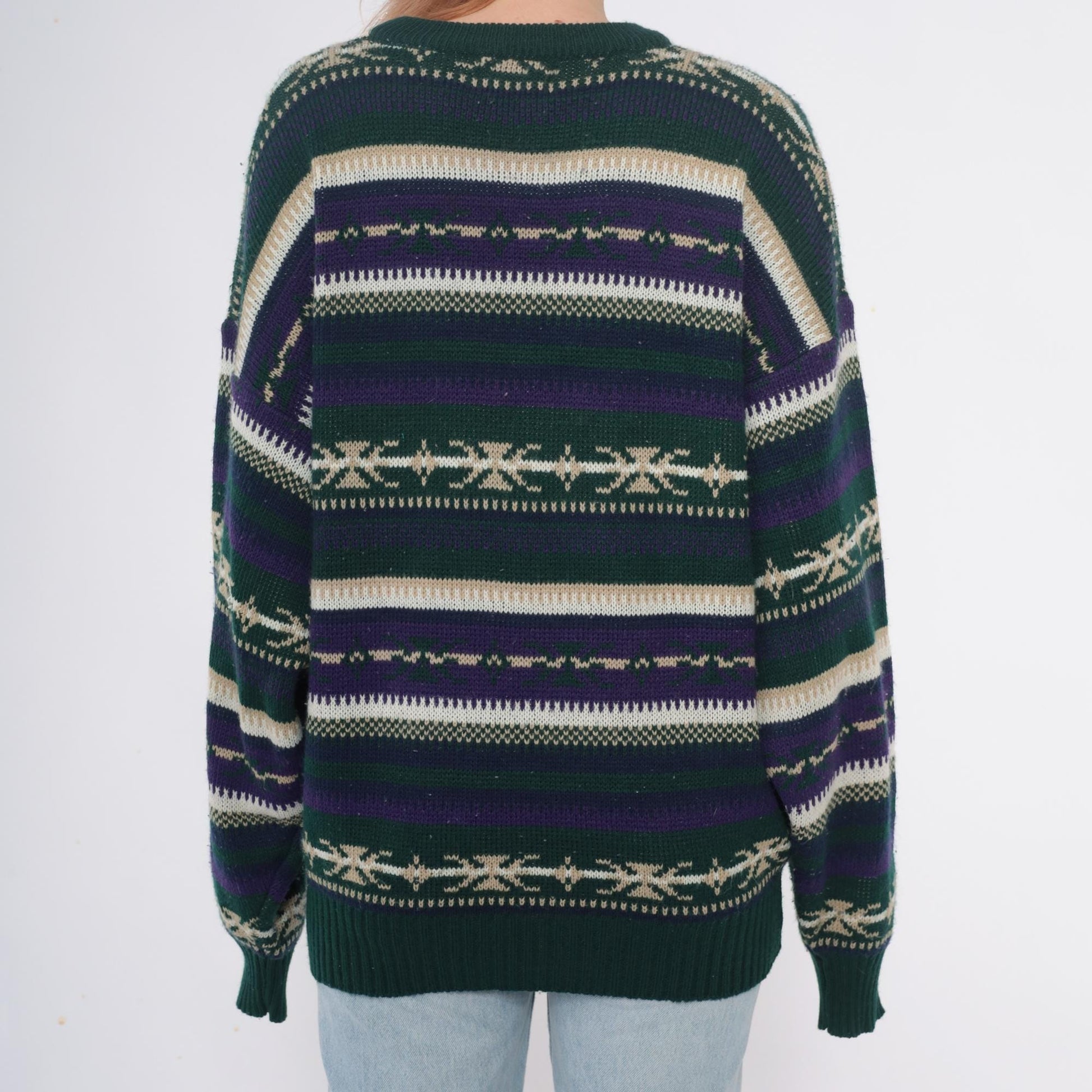 90s Fair Isle Sweater Green Purple Cream Geometric Pullover Extra Large XL