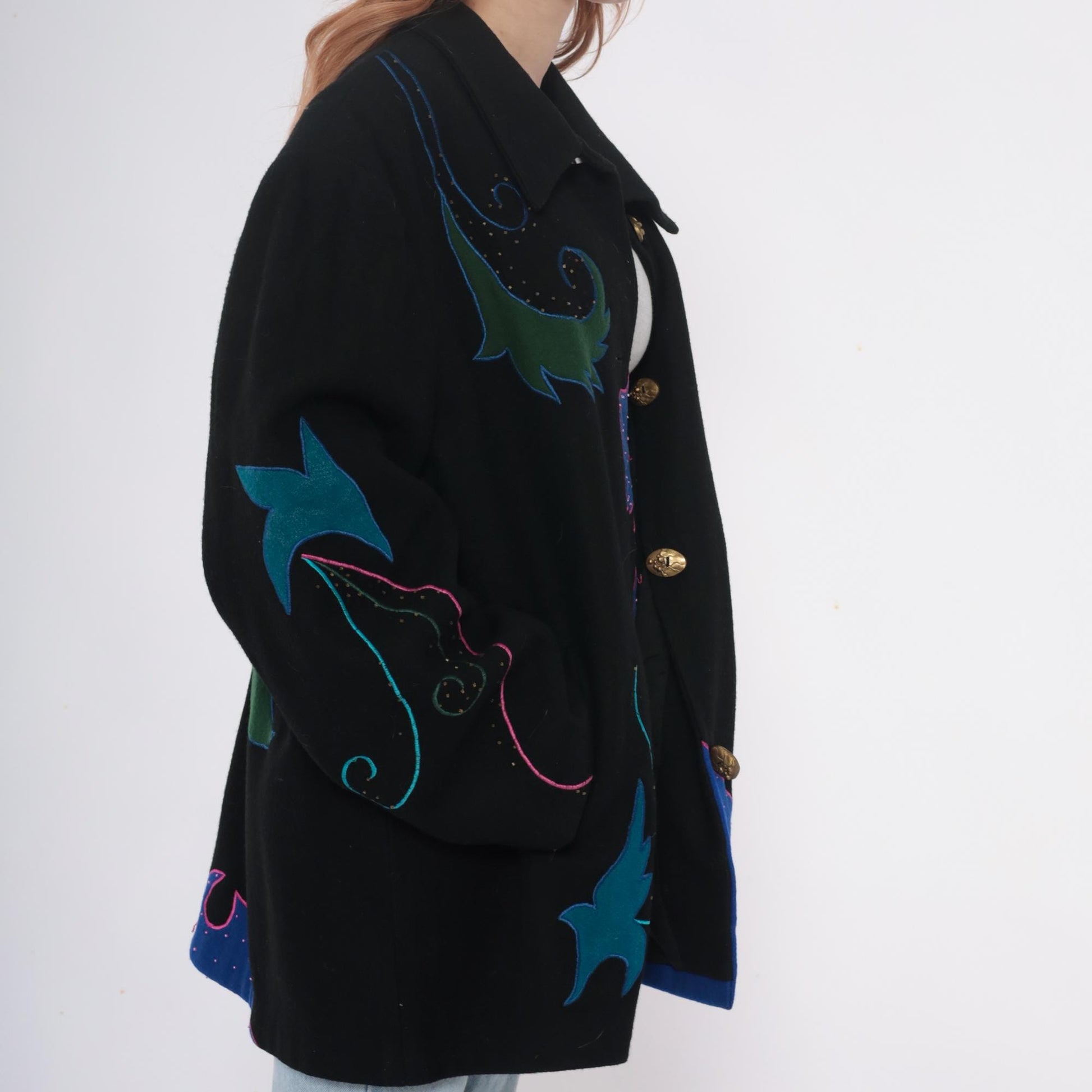 90s Black Wool Blazer Beaded Embroidered Teal Pink Gold Statement Jacket Extra Large