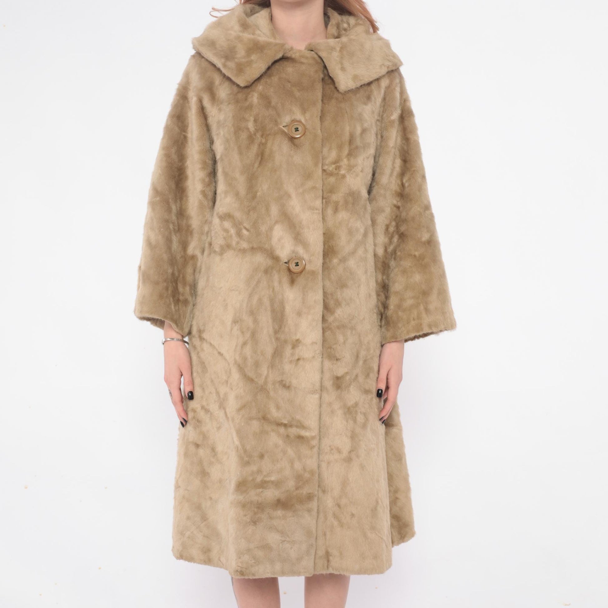 60s Sutton Place Faux Fur Coat Beige Shawl Collar A-Line Large L