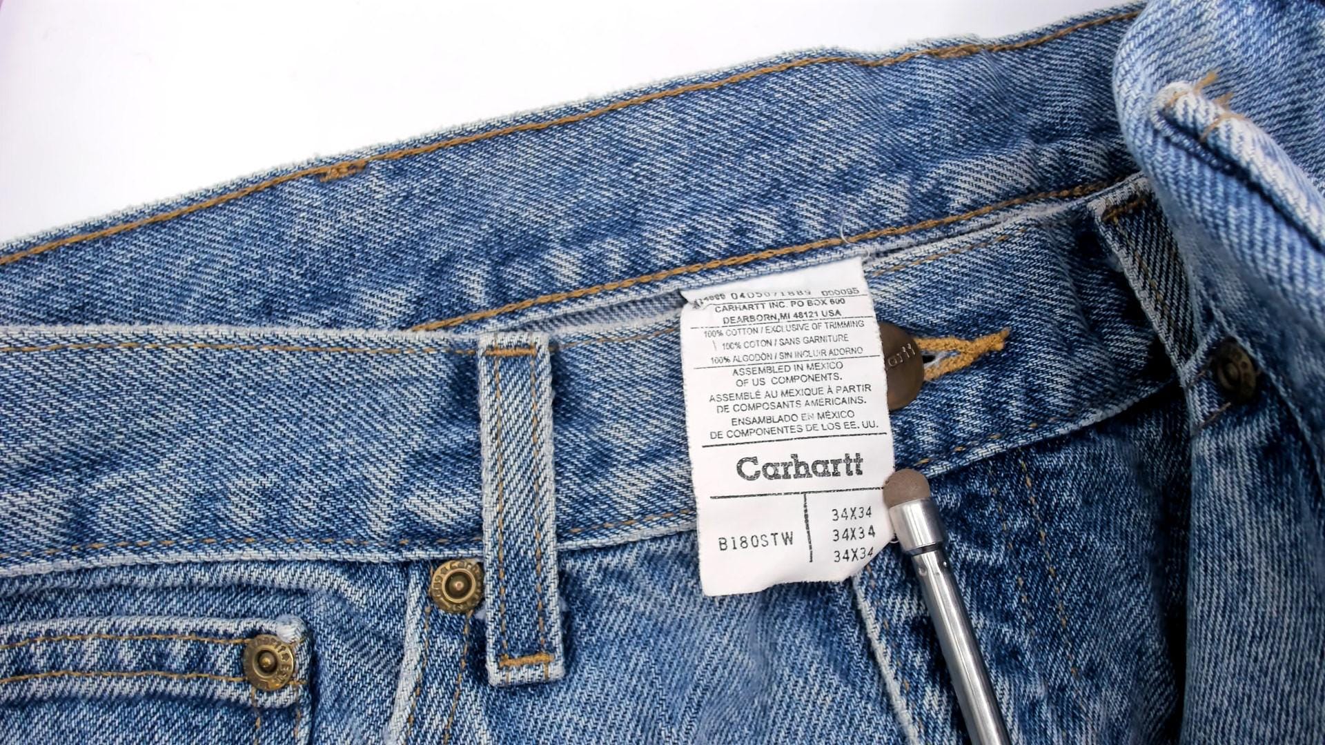 90s Carhartt Denim Jeans Light Blue Distressed Paint Splatter 34x34