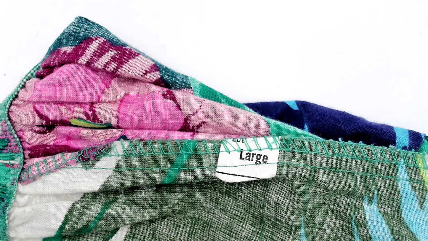 90s Tropical Floral Straight Leg Pants White Pink Green Elastic Waist Large L