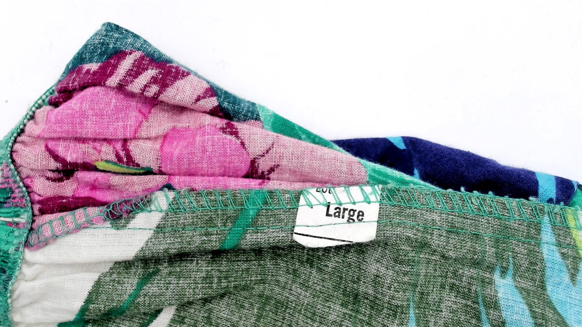 90s Tropical Floral Straight Leg Pants White Pink Green Elastic Waist Large L