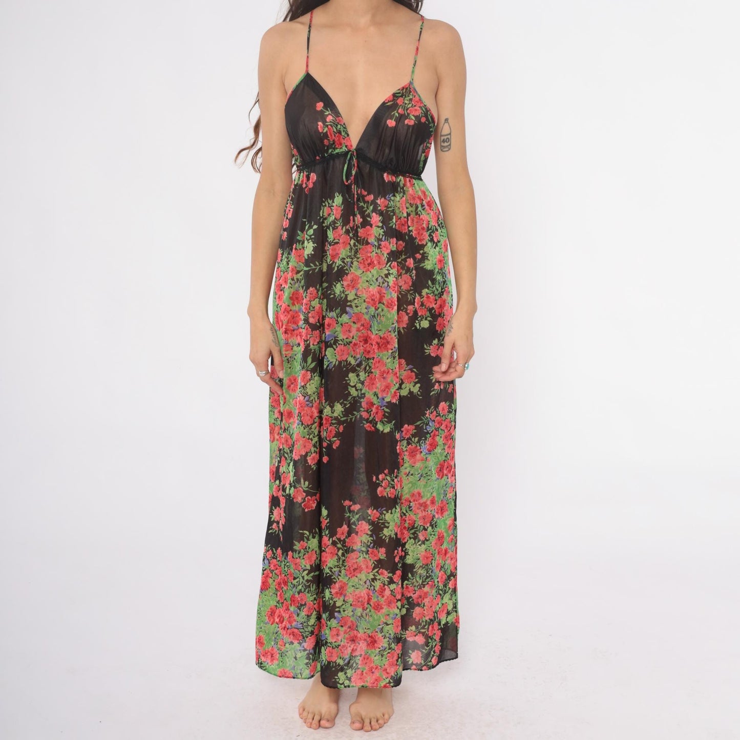 70s Black Floral Maxi Slip Dress Empire Waist V-Neck Spaghetti Strap Small