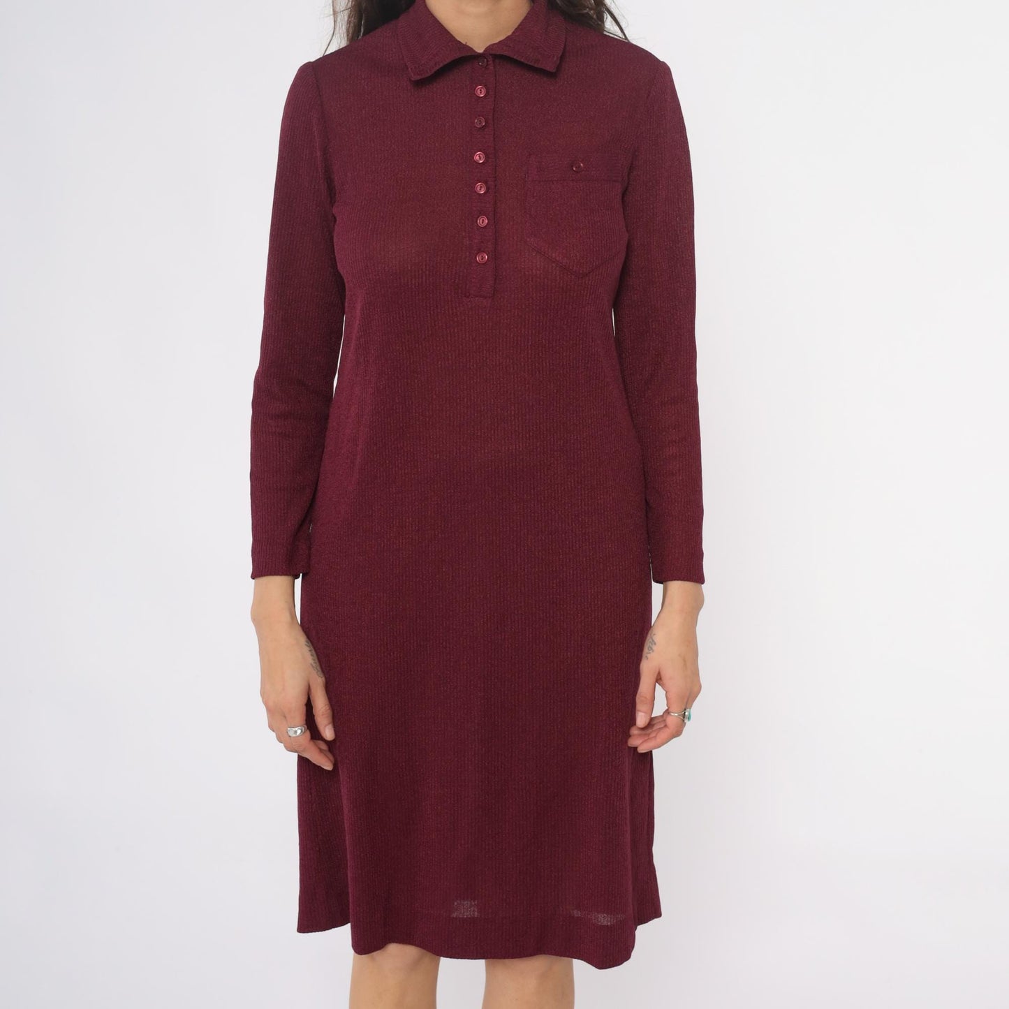 70s Burgundy Ribbed Knit Polo Dress Knee Length Collared Long Sleeve Medium