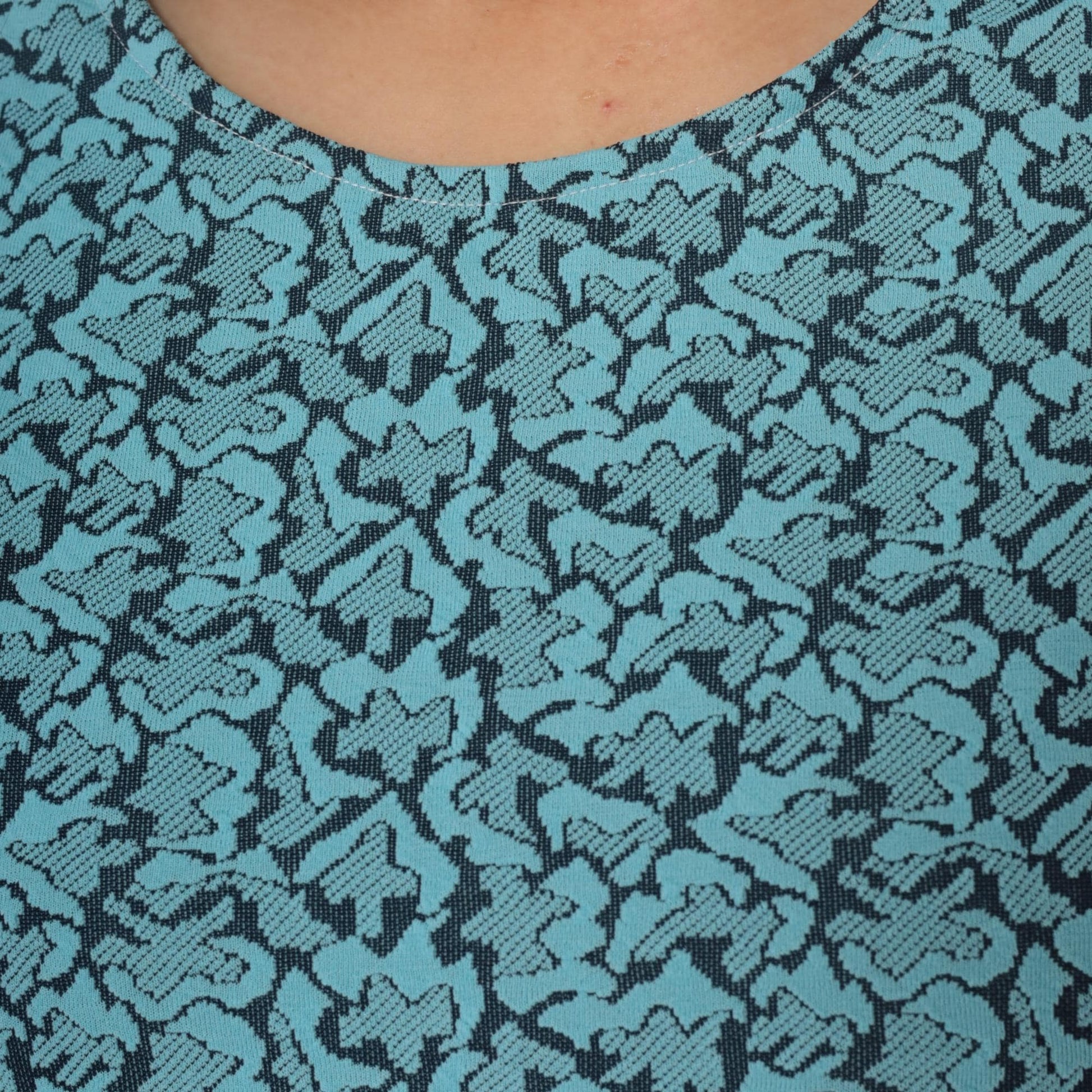 1960s Turquoise Shift Dress Black Floral Damask Print Mini Short Sleeve Large L
