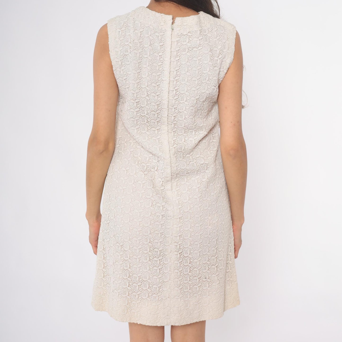 60s Cream Lace Shift Dress Sleeveless A-Line Mini Round Neck Small S