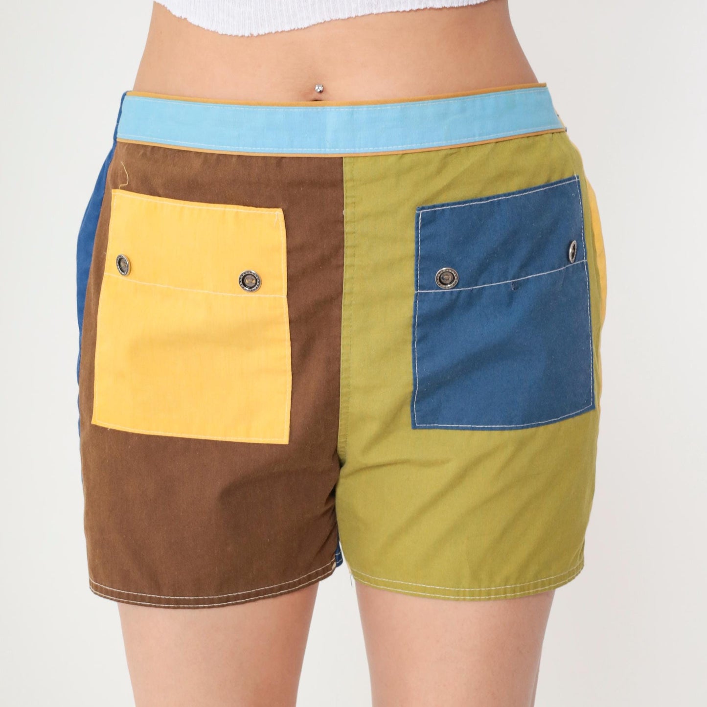 80s Colorblock Shorts Yellow Navy Brown Chartreuse High Waist Cotton Medium