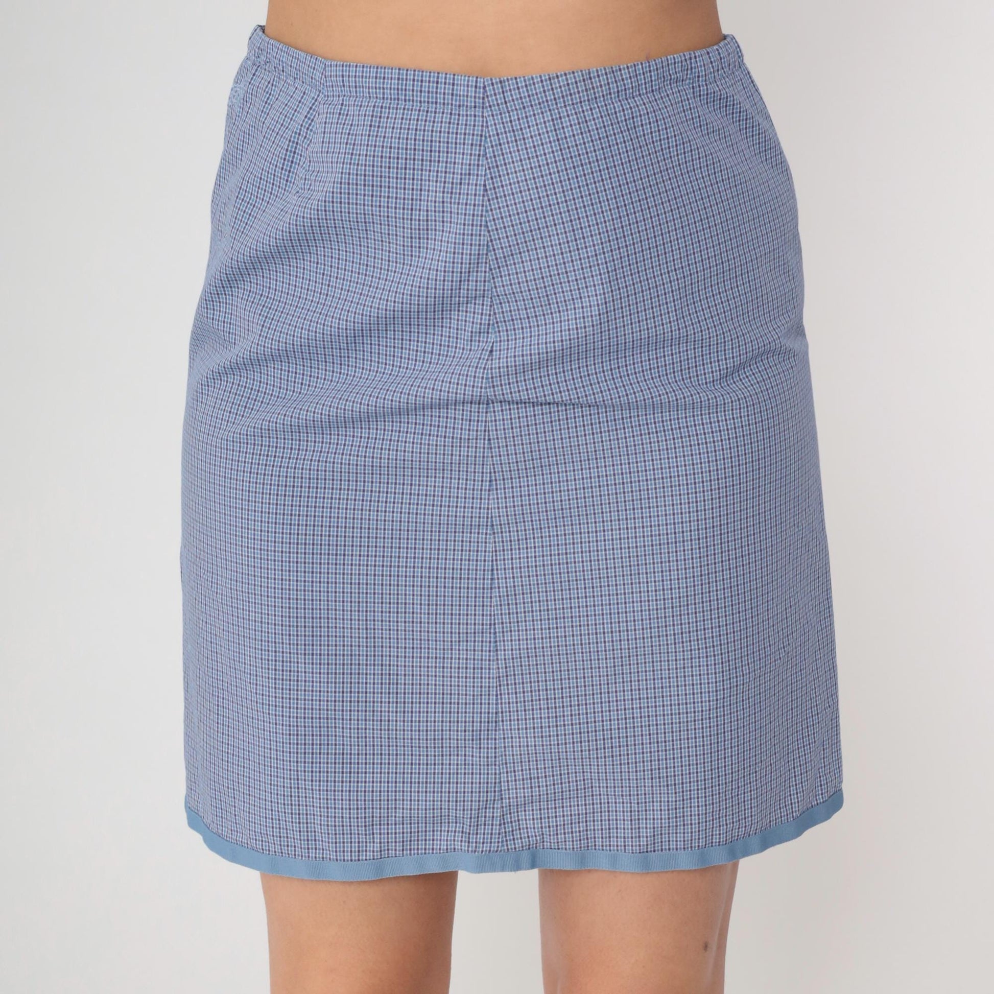 90s Horny Toad Gingham Mini Skirt Blue White Cotton Elastic Medium M