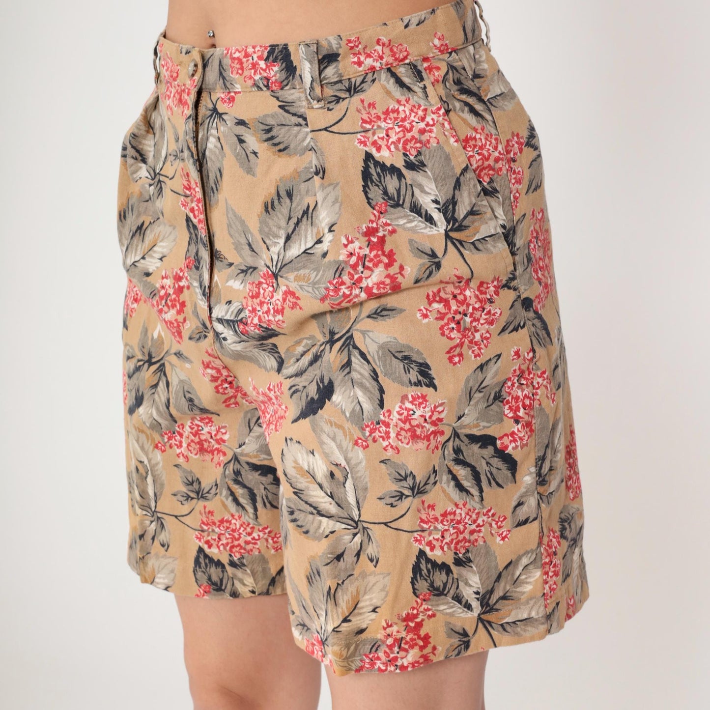 Y2K Jones New York Floral Shorts High Waisted Pleated Linen Tan Large L