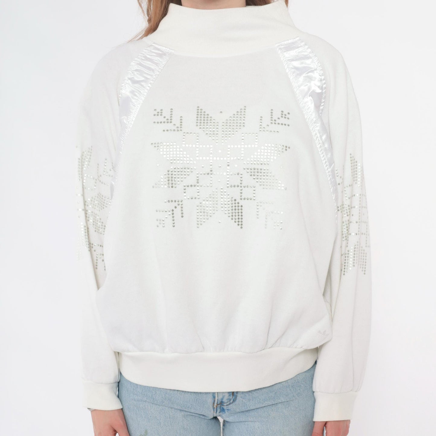 90s Adidas White Rhinestone Snowflake Sweatshirt Satin Panel Medium M