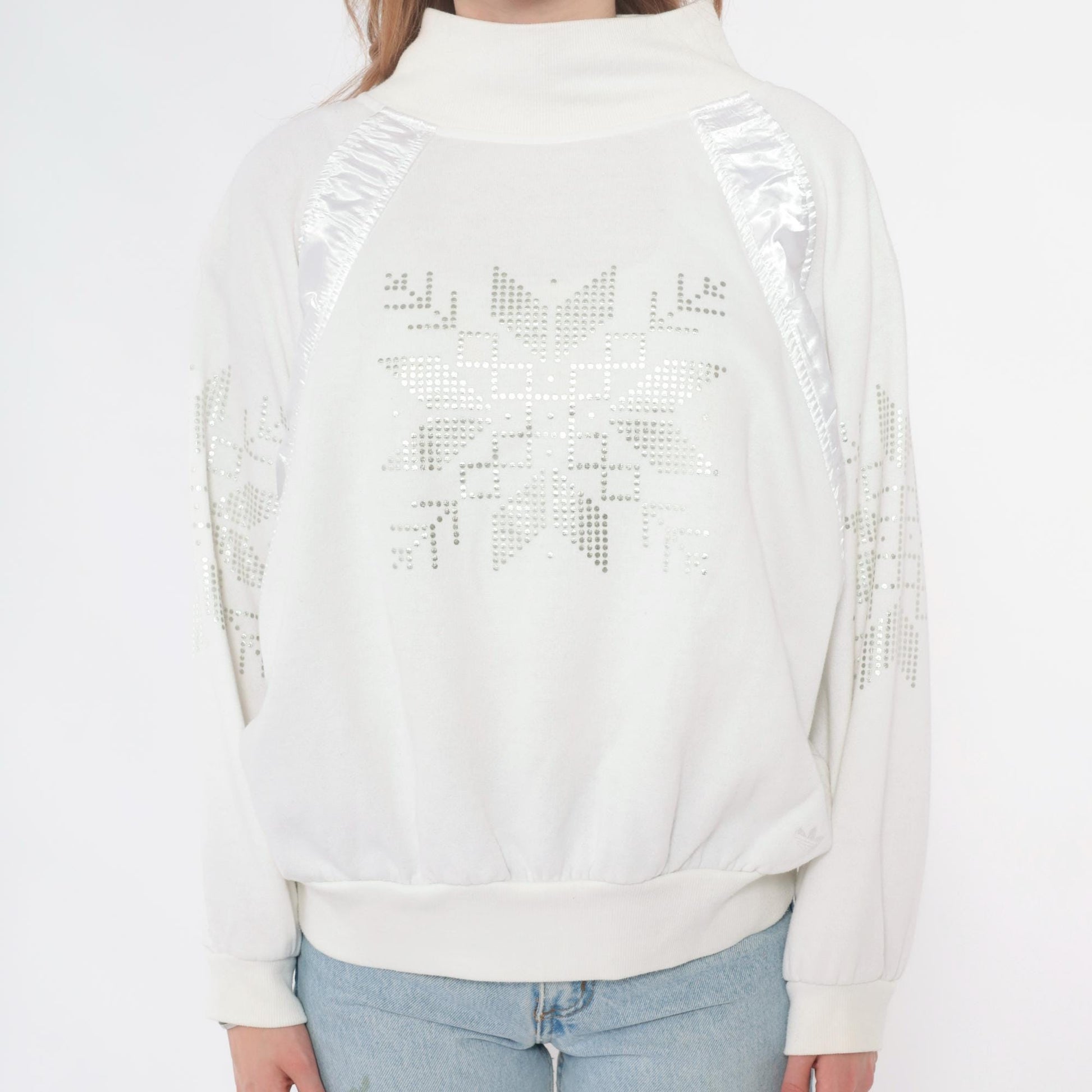 90s Adidas White Rhinestone Snowflake Sweatshirt Satin Panel Medium M