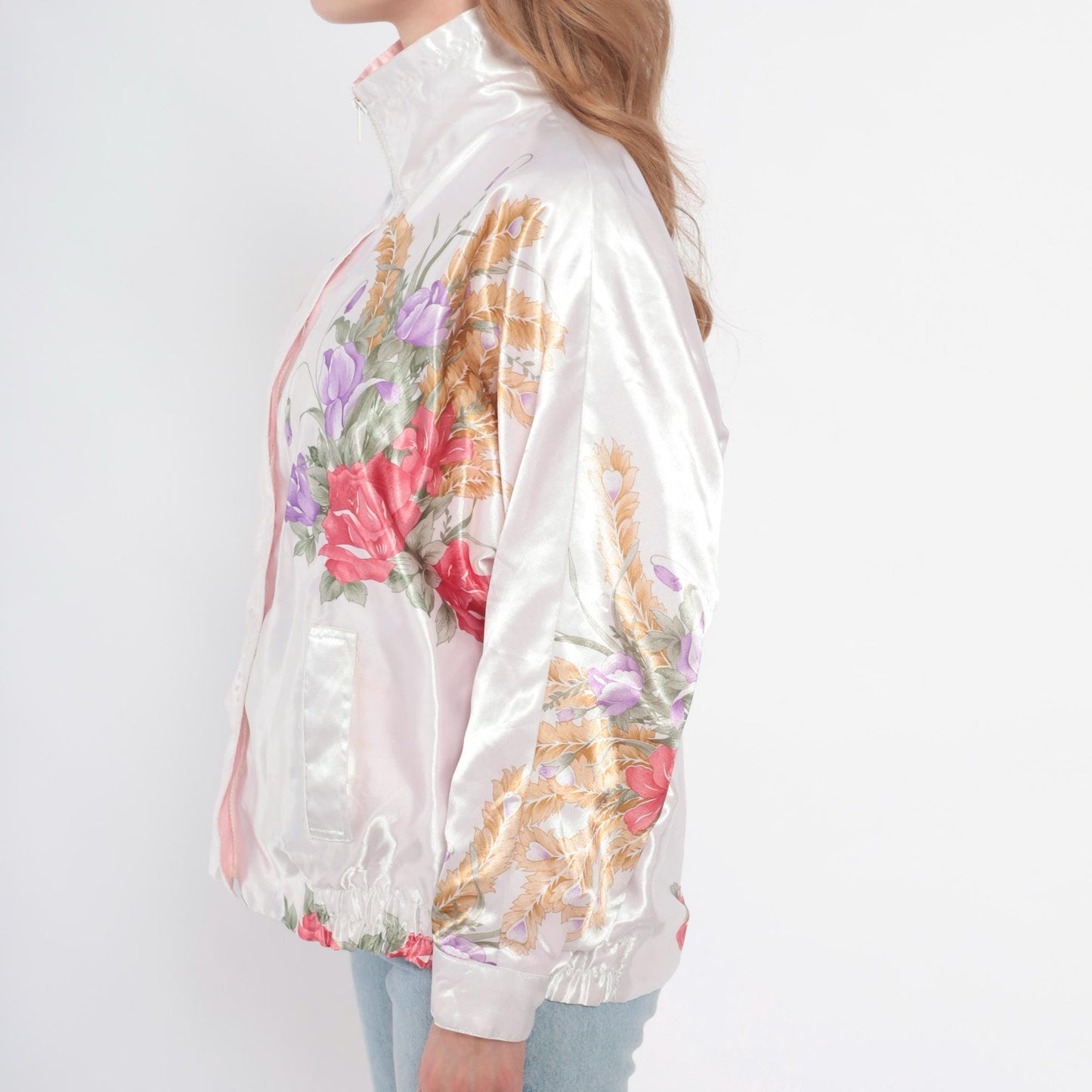 90s Floral Satin Bomber Jacket White Pink Rose Purple Wheat Zip Medium