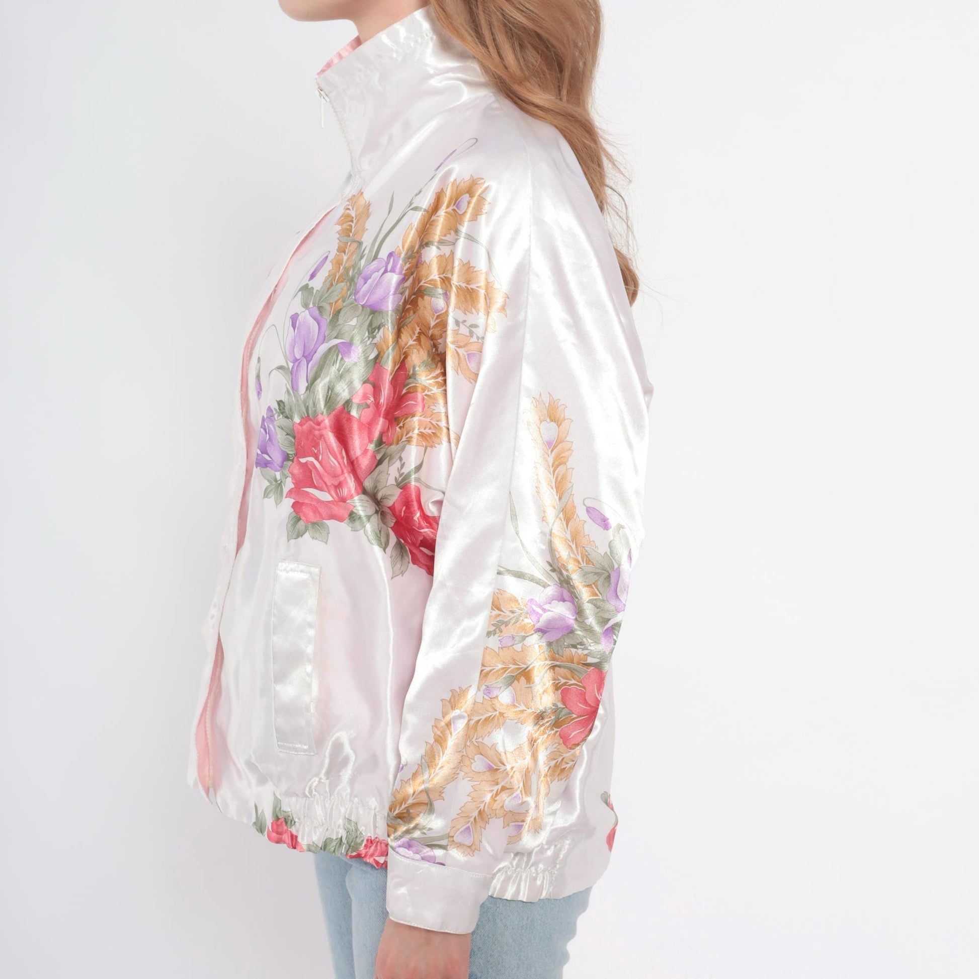 90s Floral Satin Bomber Jacket White Pink Rose Purple Wheat Zip Medium