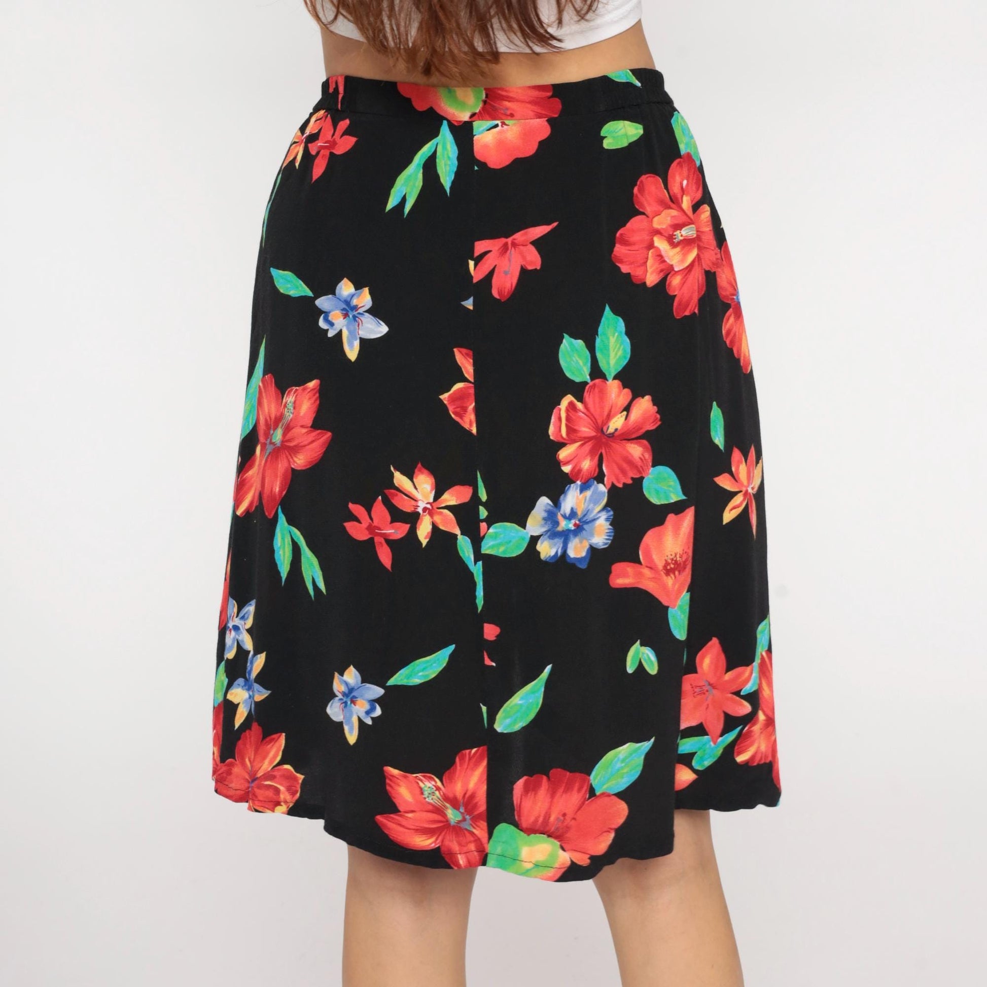 90s Worthington Floral Mini Skirt Black Button Front Tropical Print Large