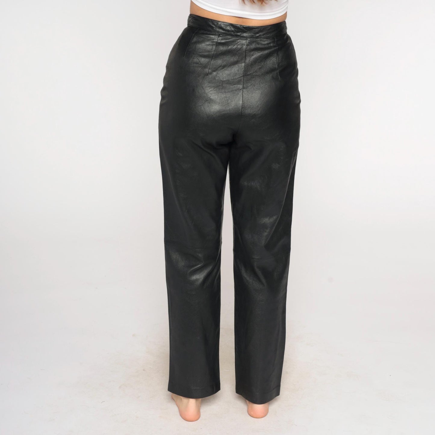 90s Black Leather Pants High Waist Straight Leg Small S