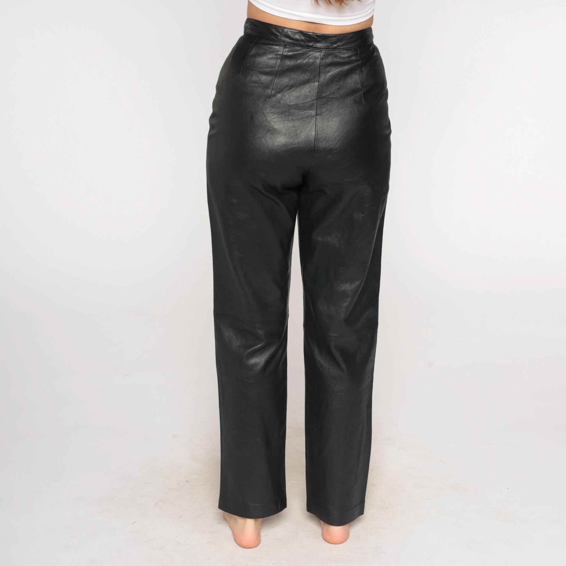 90s Black Leather Pants High Waist Straight Leg Small S
