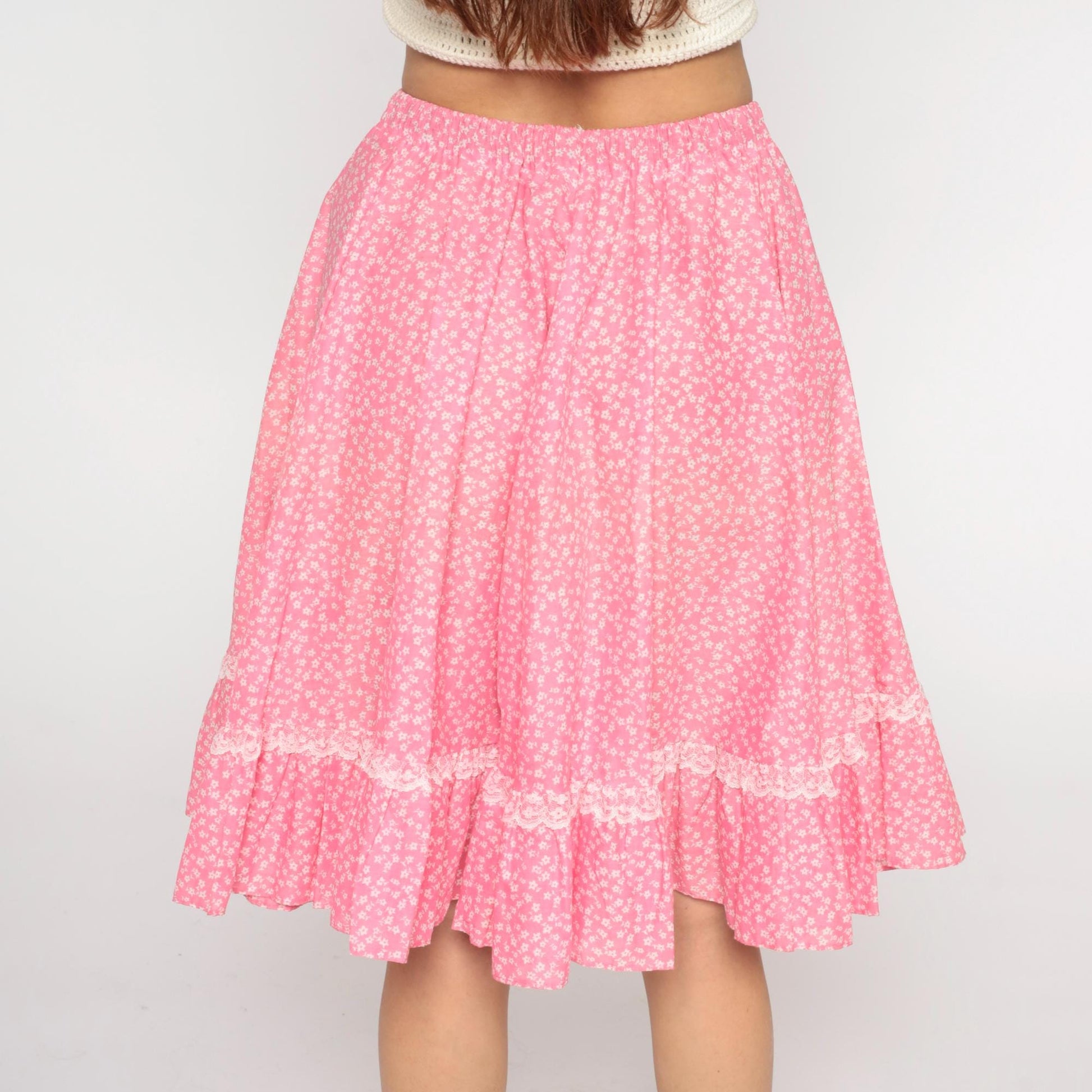 80s Pink Floral Tiered Midi Skirt White Lace Trim Gathered Medium