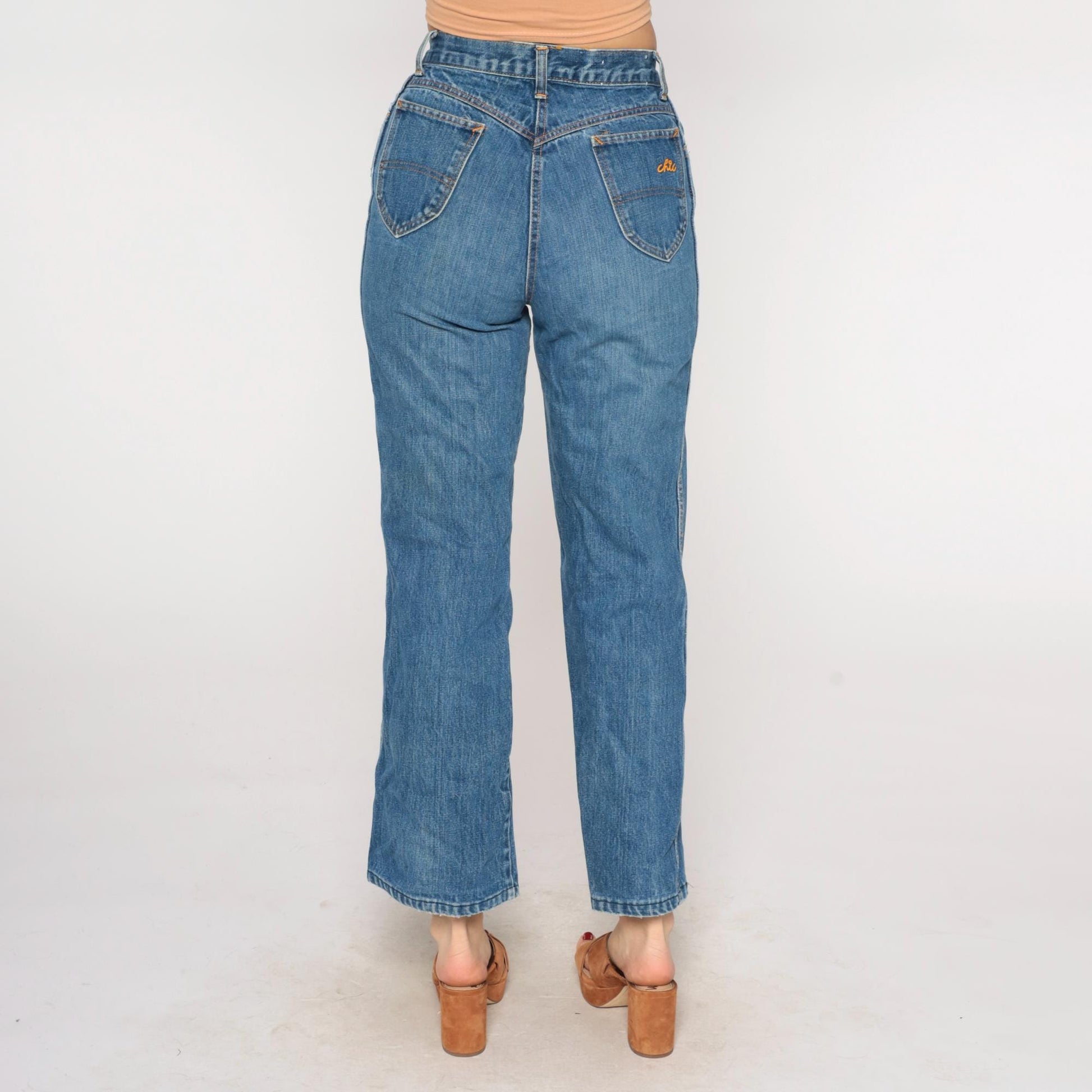 80s H.I.S High Waisted Straight Leg Jeans Medium Blue Orange Stitching Medium