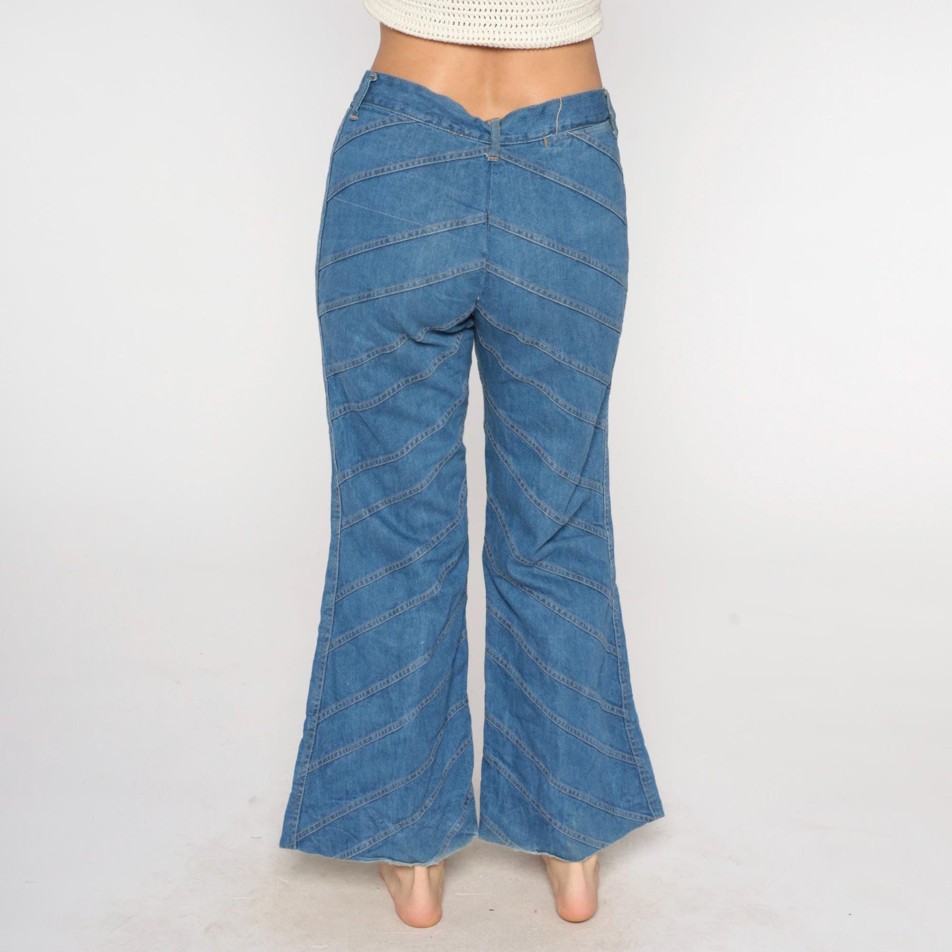 70s Light Blue Denim Bell Bottom Jeans Chevron Seam High Waist Large