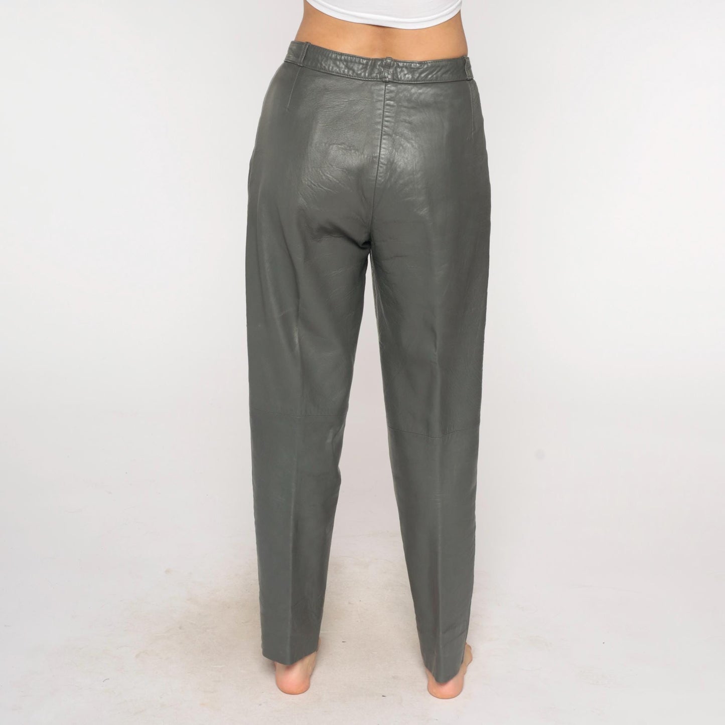 80s Grey Leather Pants High Waist Pleated Front Tapered Leg Medium