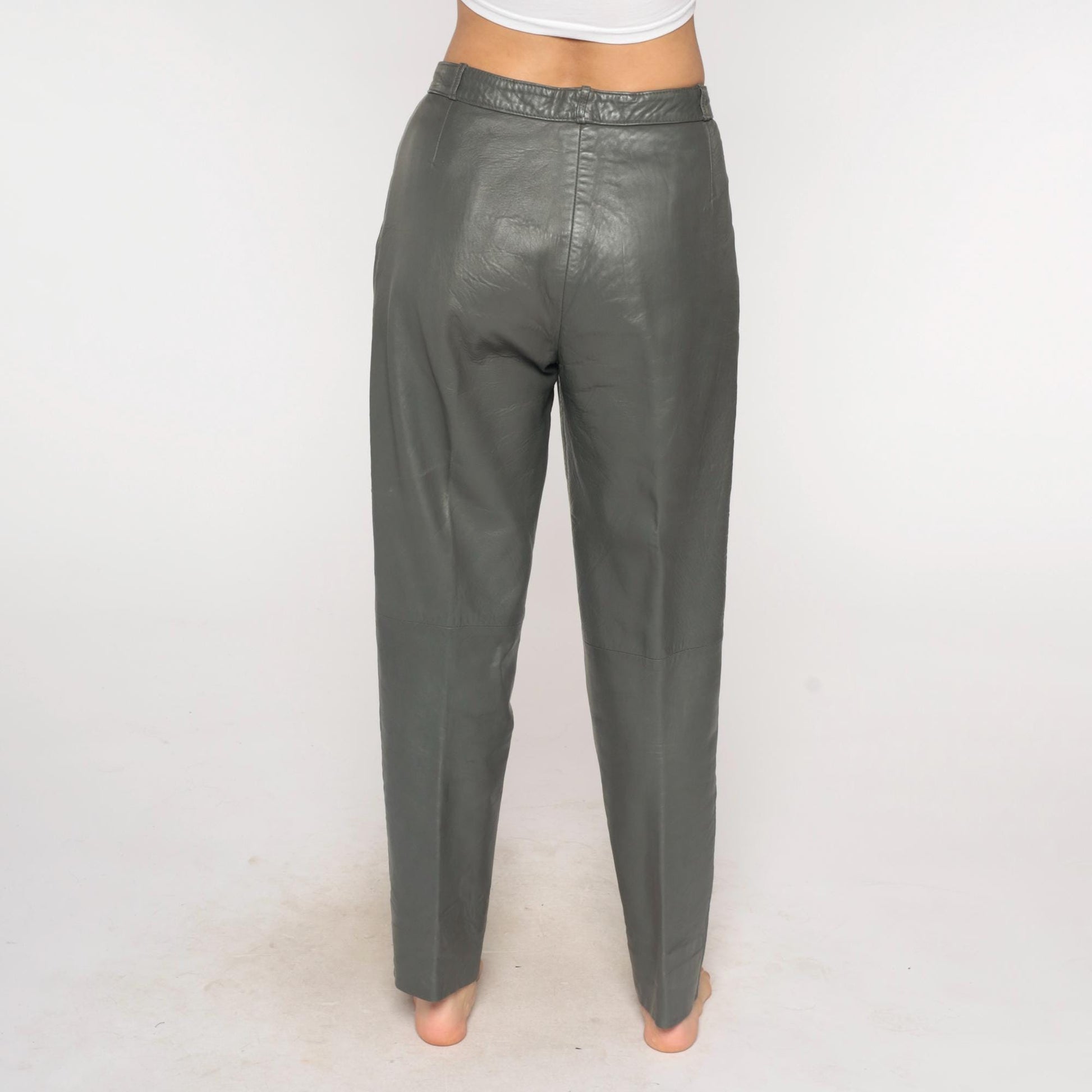 80s Grey Leather Pants High Waist Pleated Front Tapered Leg Medium