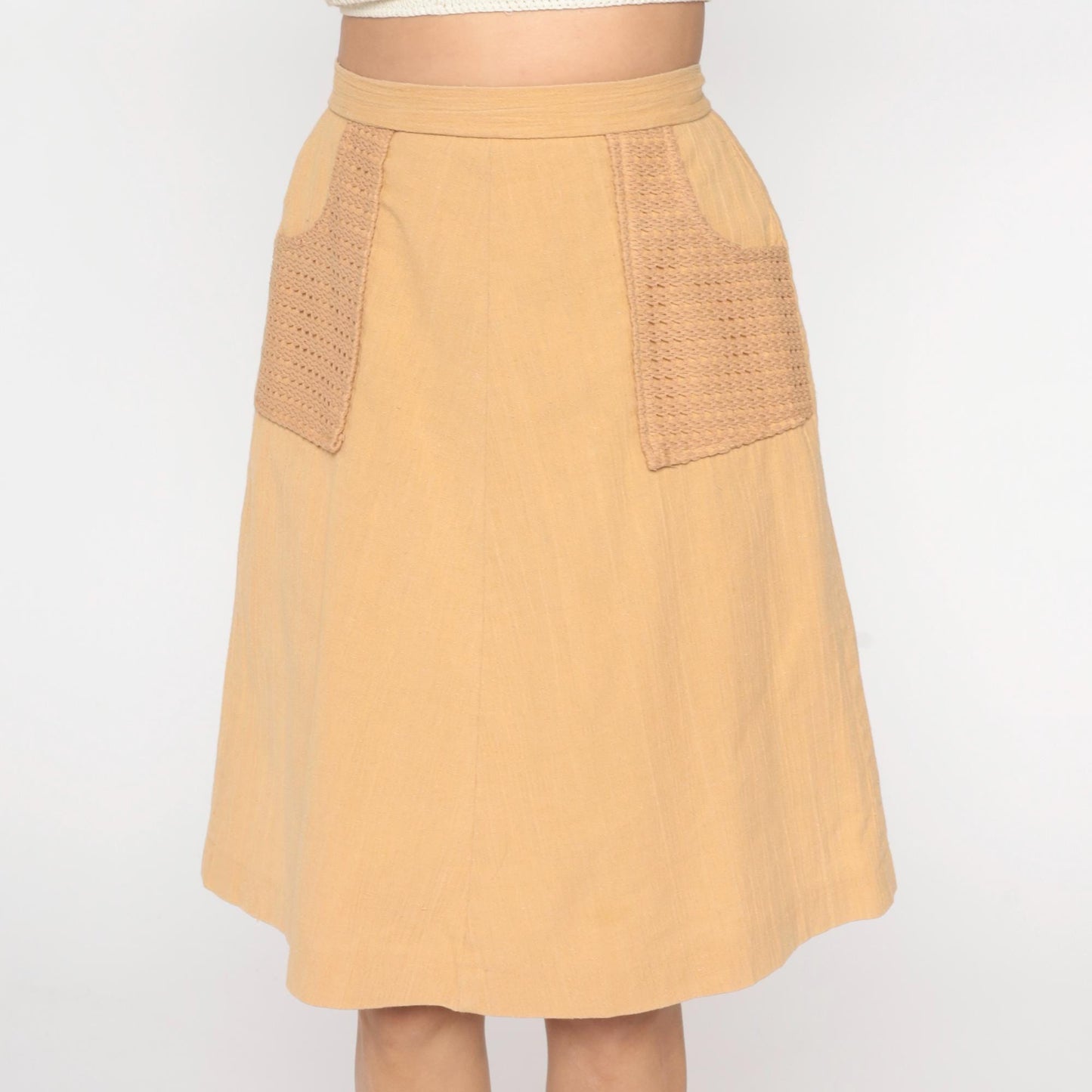 70s Beige A-Line Mini Skirt Crochet Pocket Cotton Linen Medium M