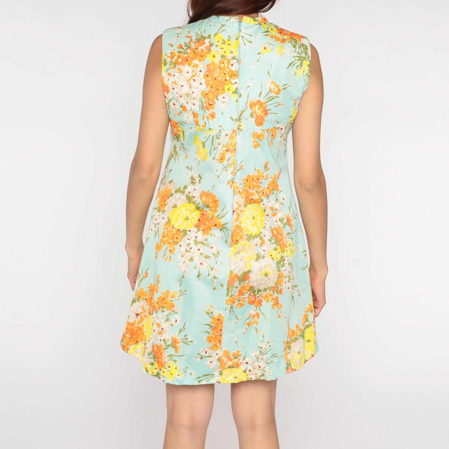 60s Aqua Floral Mini Shift Dress Sleeveless Mock Neck Small