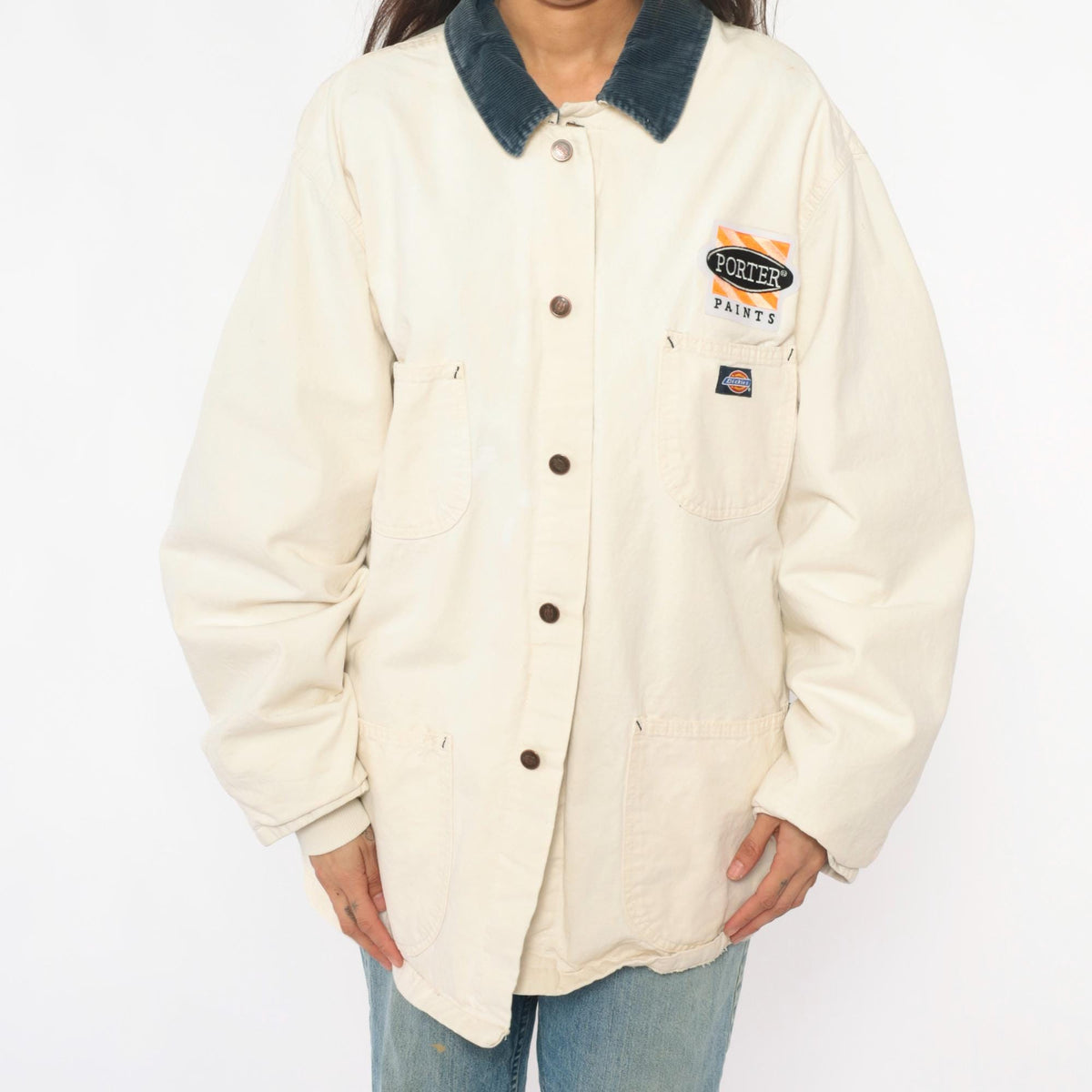 90s Dickies Porter Paints Work Jacket Cream Corduroy Collar Flannel Lined Extra Large